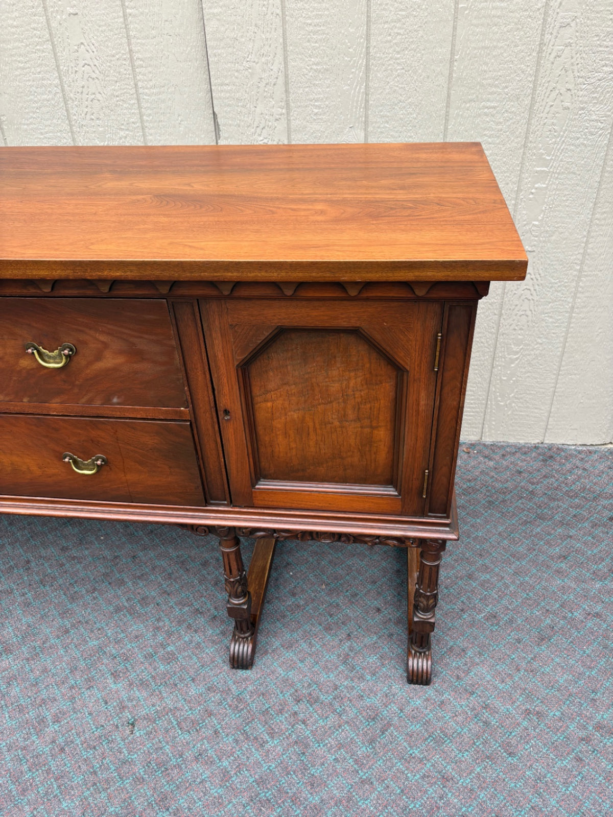 68181  Elegant Early 20th Century Walnut Buffet with Carved Detailing