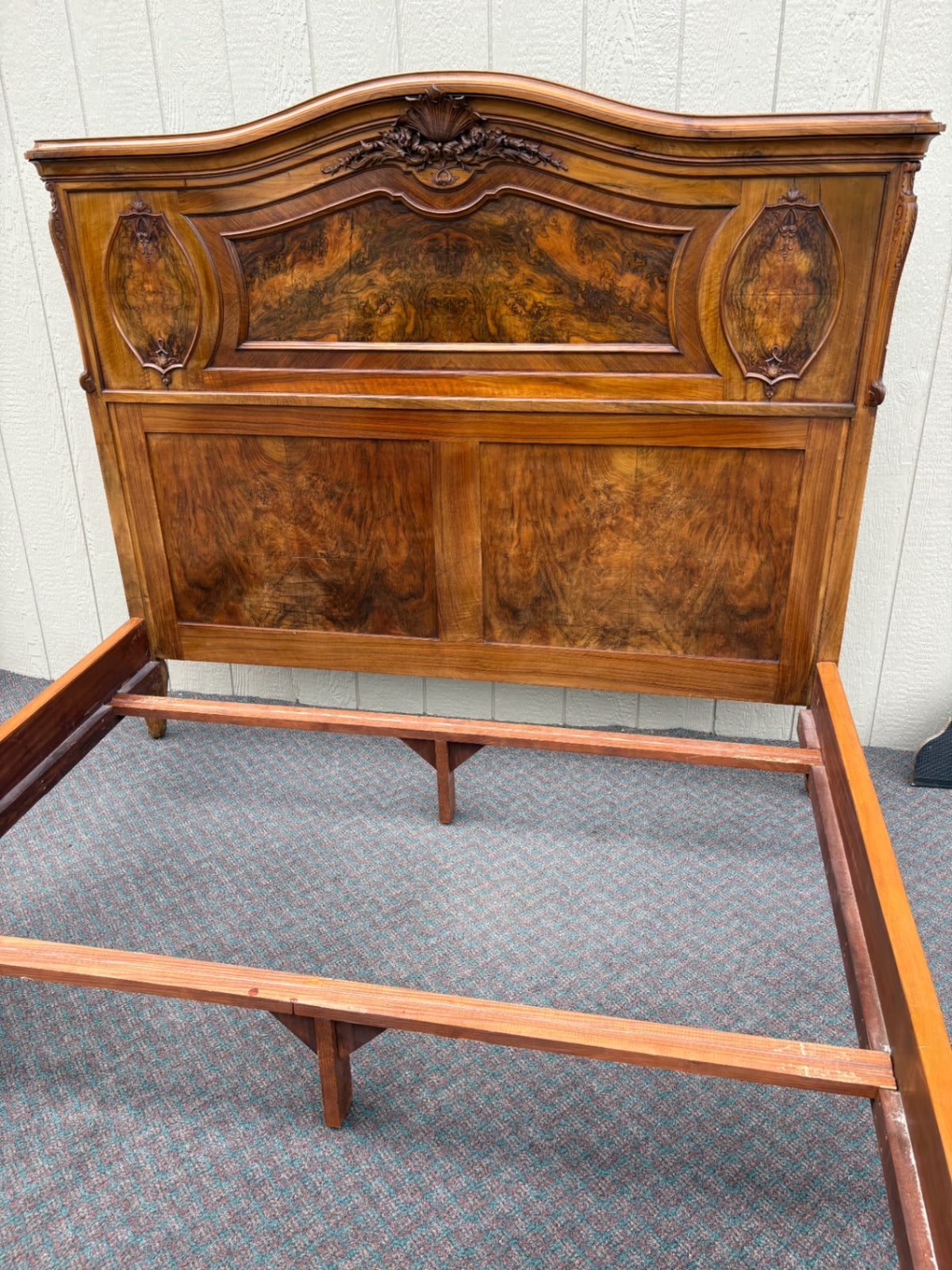 Antique French Queen Bed with Burl Walnut Panels and Carvings