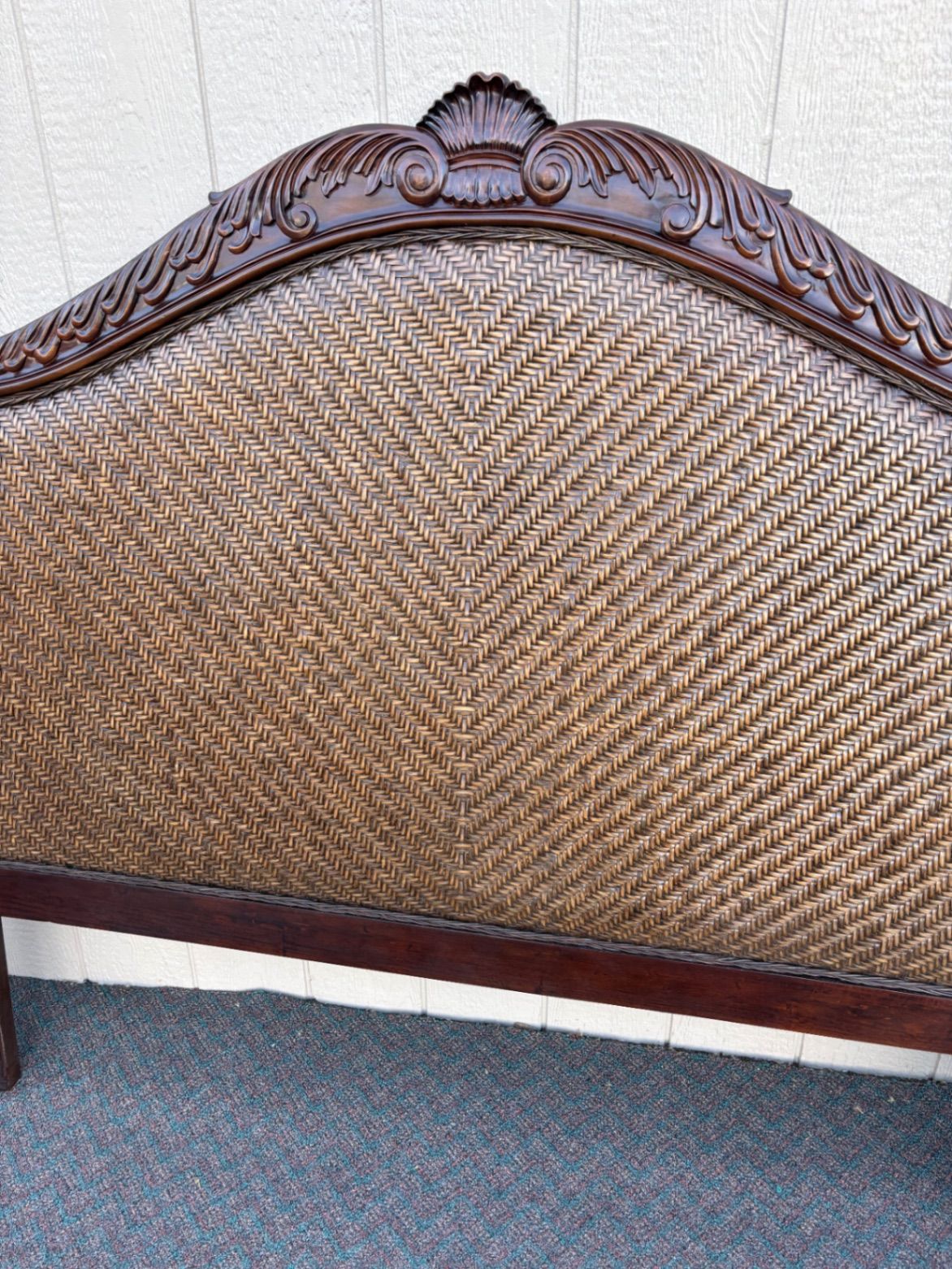 67810 Carved Queen Headboard with Woven Rattan Paneling