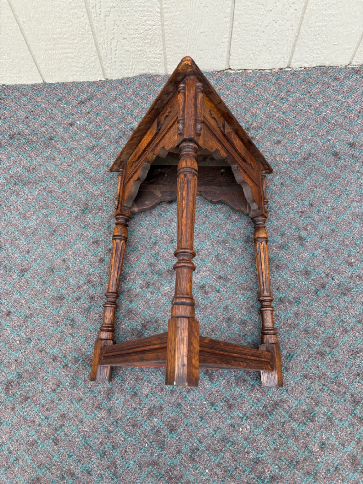 67954 Antique Oak Triangle Side Table with Turned Legs and Carved Details