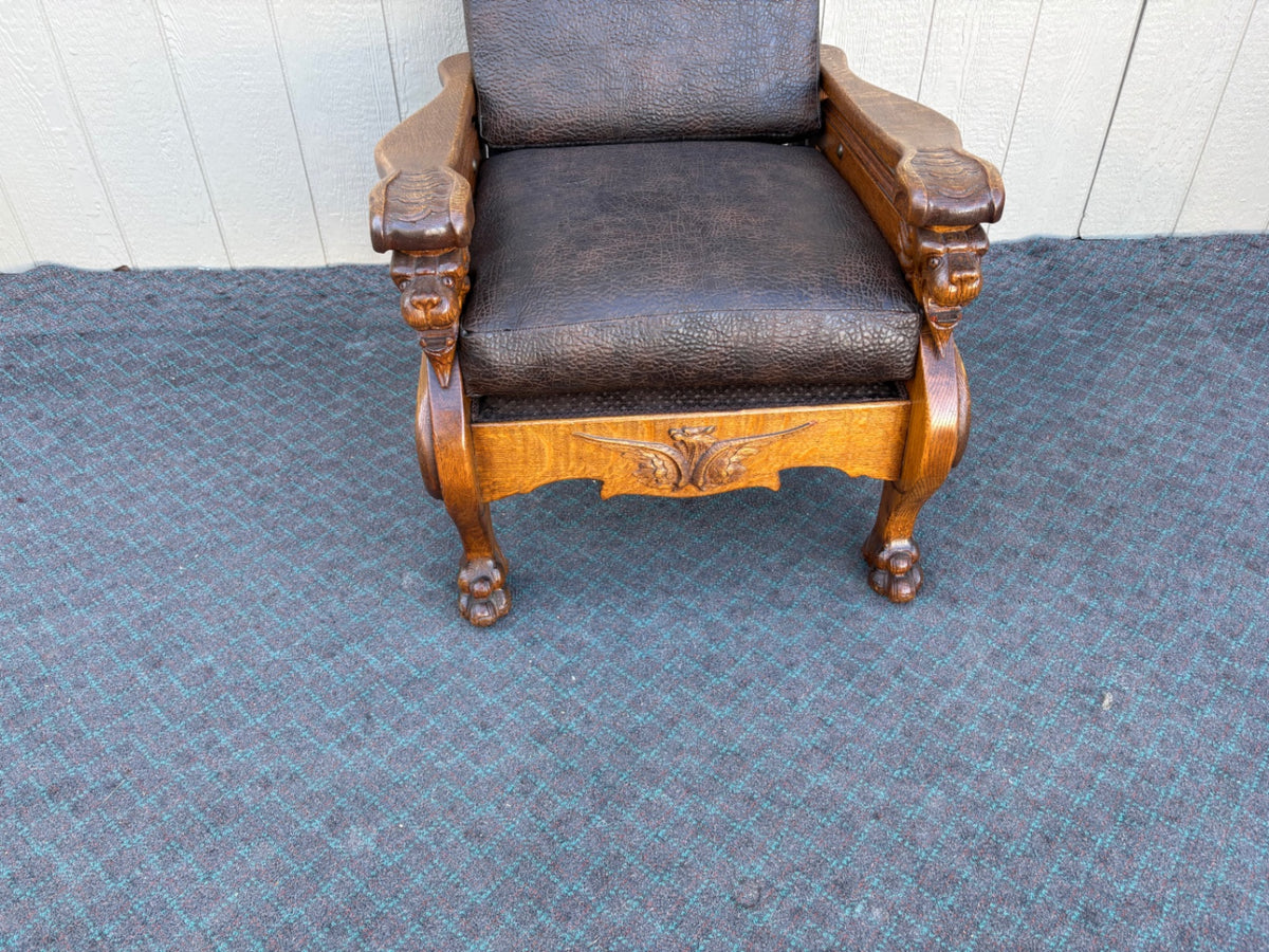 68007  Victorian Oak Morris Chair with Gryphon Carvings and Leather Upholstery