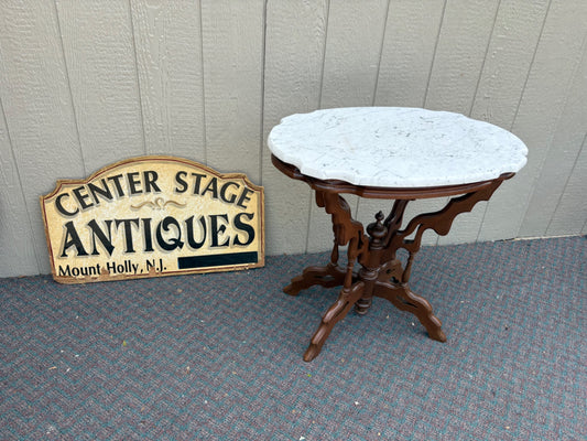 Victorian Marble Top Side Table with Ornate Wooden Base