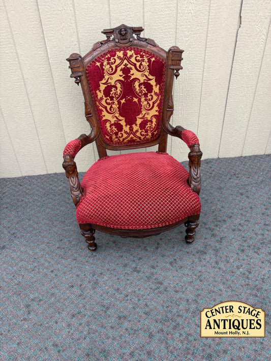 67682 Victorian Carved Walnut Armchair with Red Upholstery