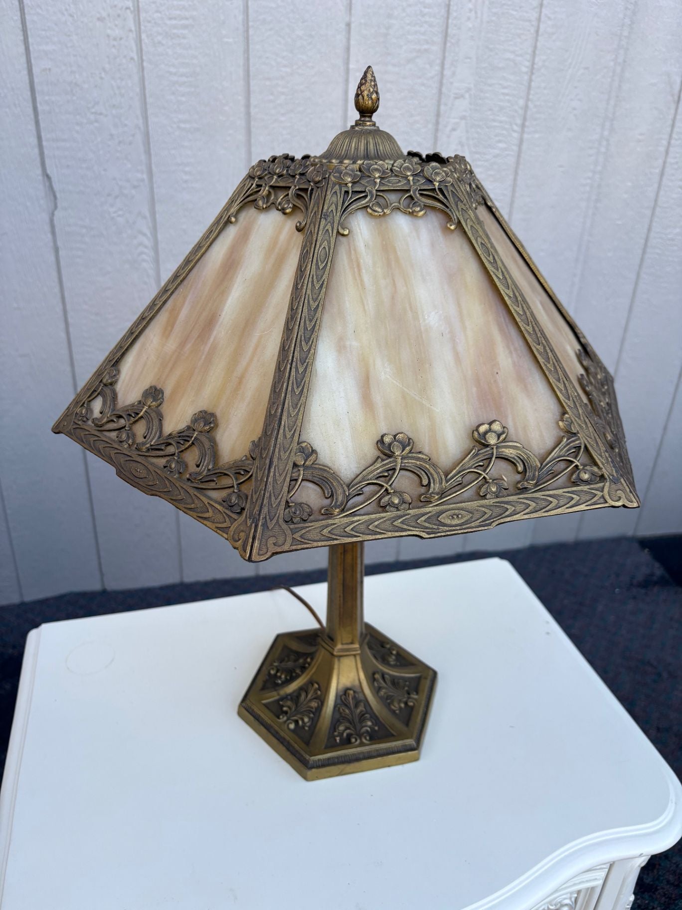 67451  Victorian Slag Glass Table Lamp with Ornate Brass Base