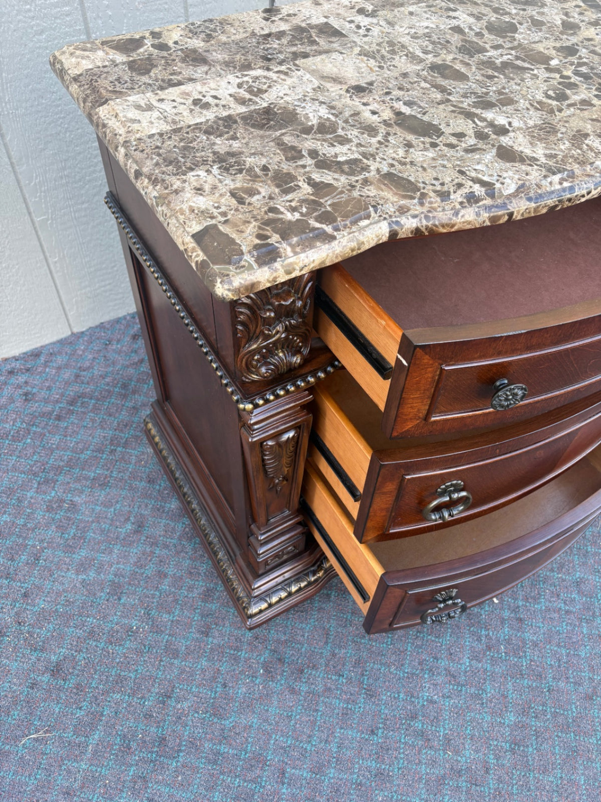 Elegant Marble Top Chest with Carved Wood Detail, 2015