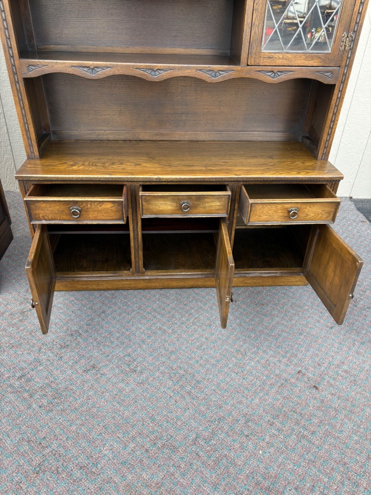 67409 Vintage Oak Bookcase Cabinet with Glass Doors and Shelves