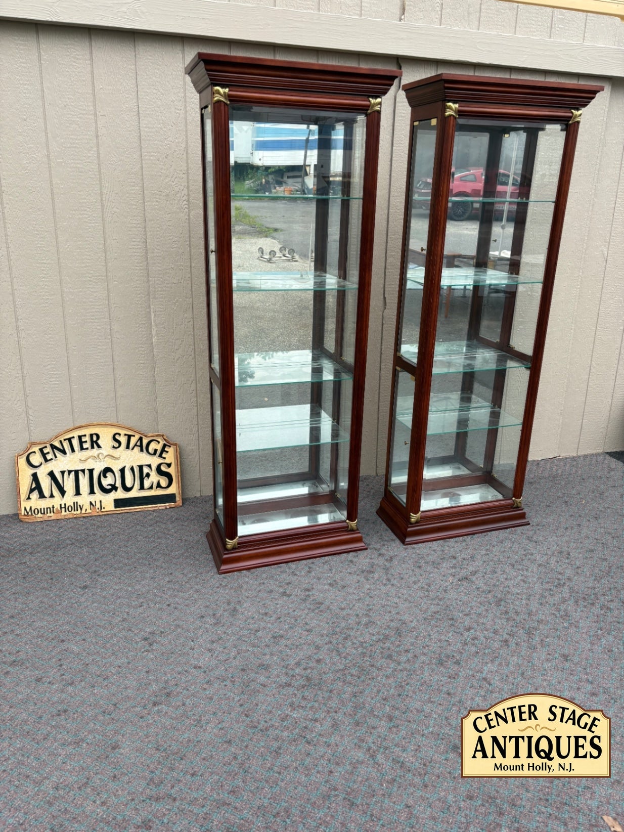 67957 Elegant Pair of Pulaski Curio Cabinets with Glass Shelves