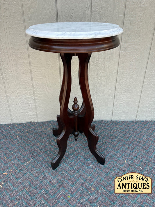 67777  Victorian Marble-Top Pedestal Table with Ornate Wooden Base