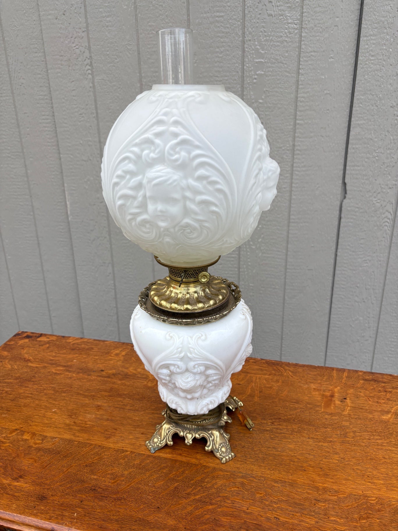 67961  Victorian Cherub Glass Lamp with Brass Base, 27 Inches Tall