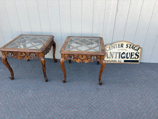 67430  Pair of Carved Glass Top Oak Side Tables with Cabriole Legs