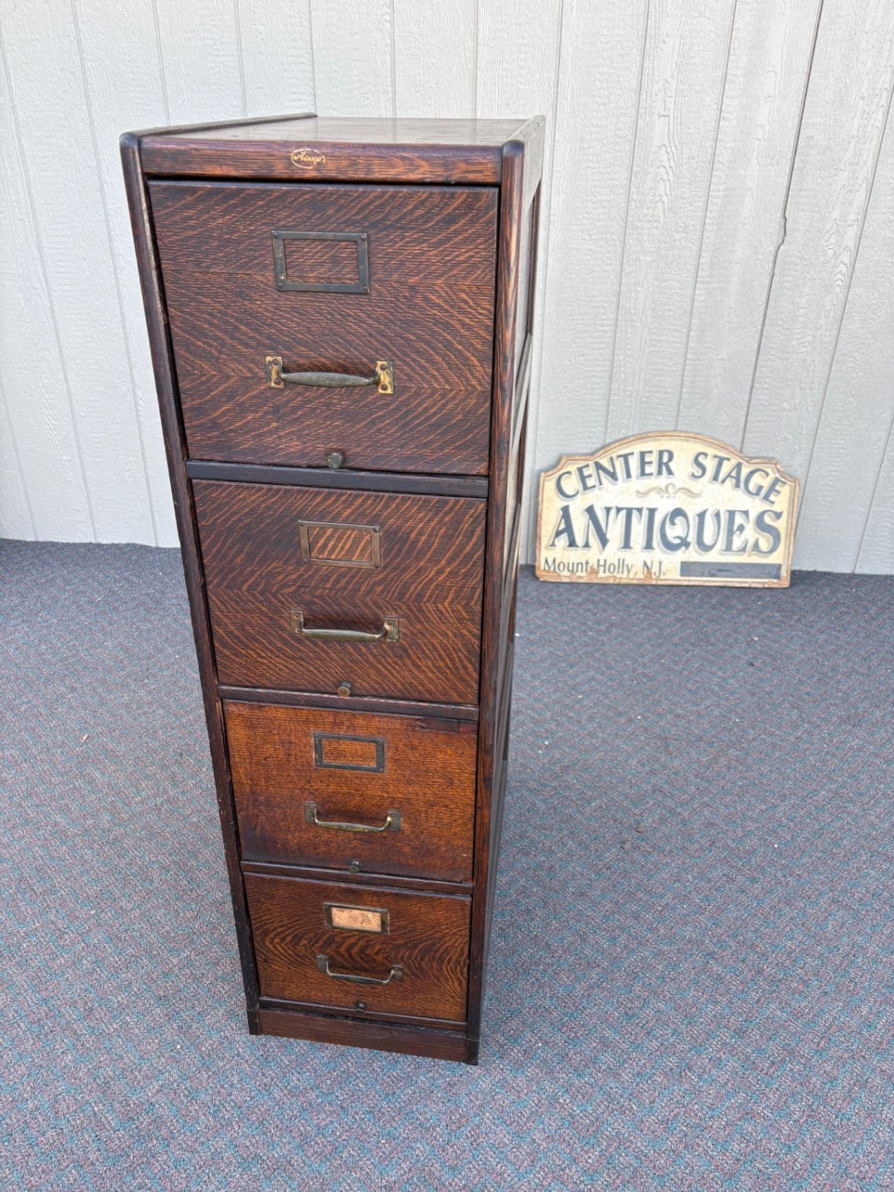67307 Antique Oak File Cabinet with Four Drawers and Brass Hardware
