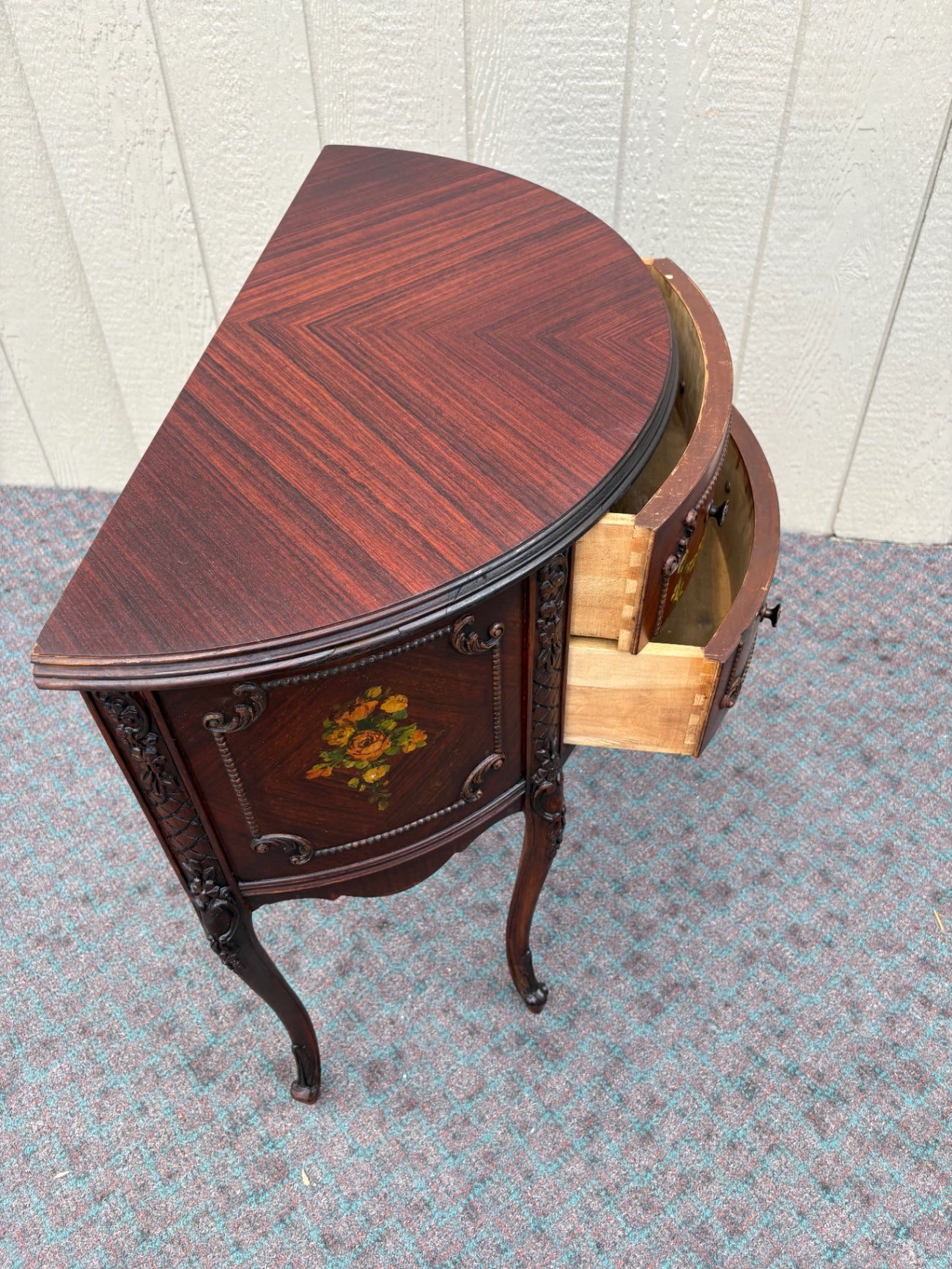 67966 Hand-Painted Demilune Chest with Floral Accents, Mahogany Finish