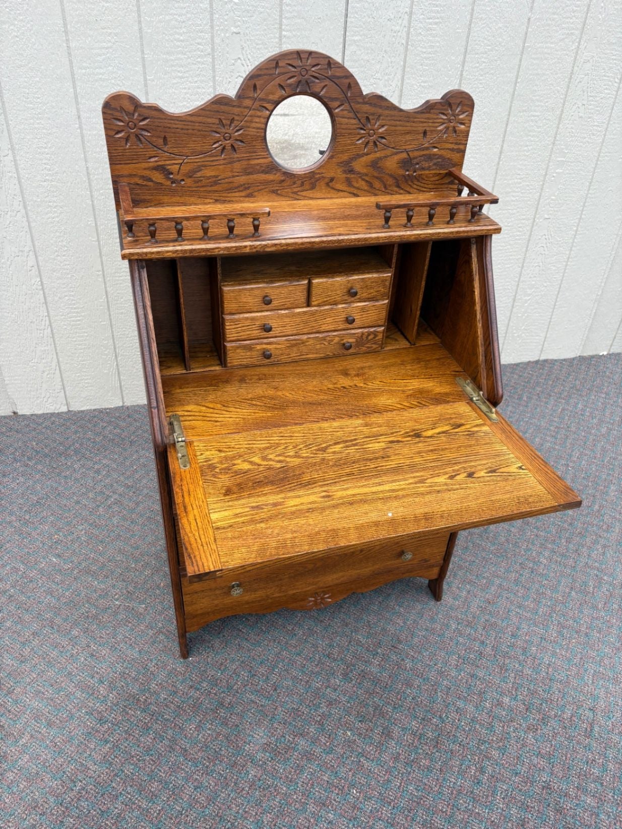 67561 Antique Oak Slant Front Desk with Mirror and Carved Details