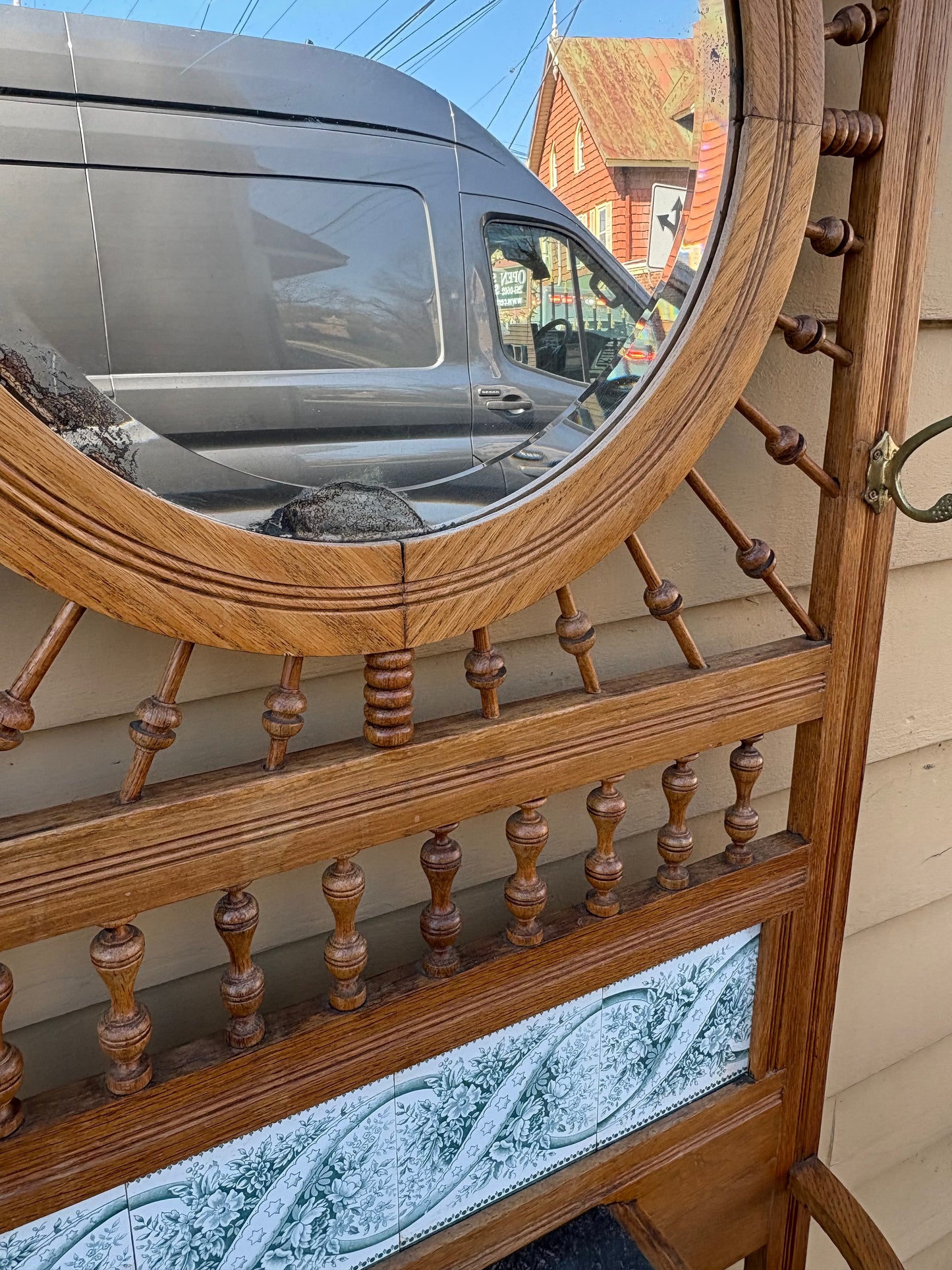 67781 Victorian Oak Hall Tree with Mirror and Marble Top Stand