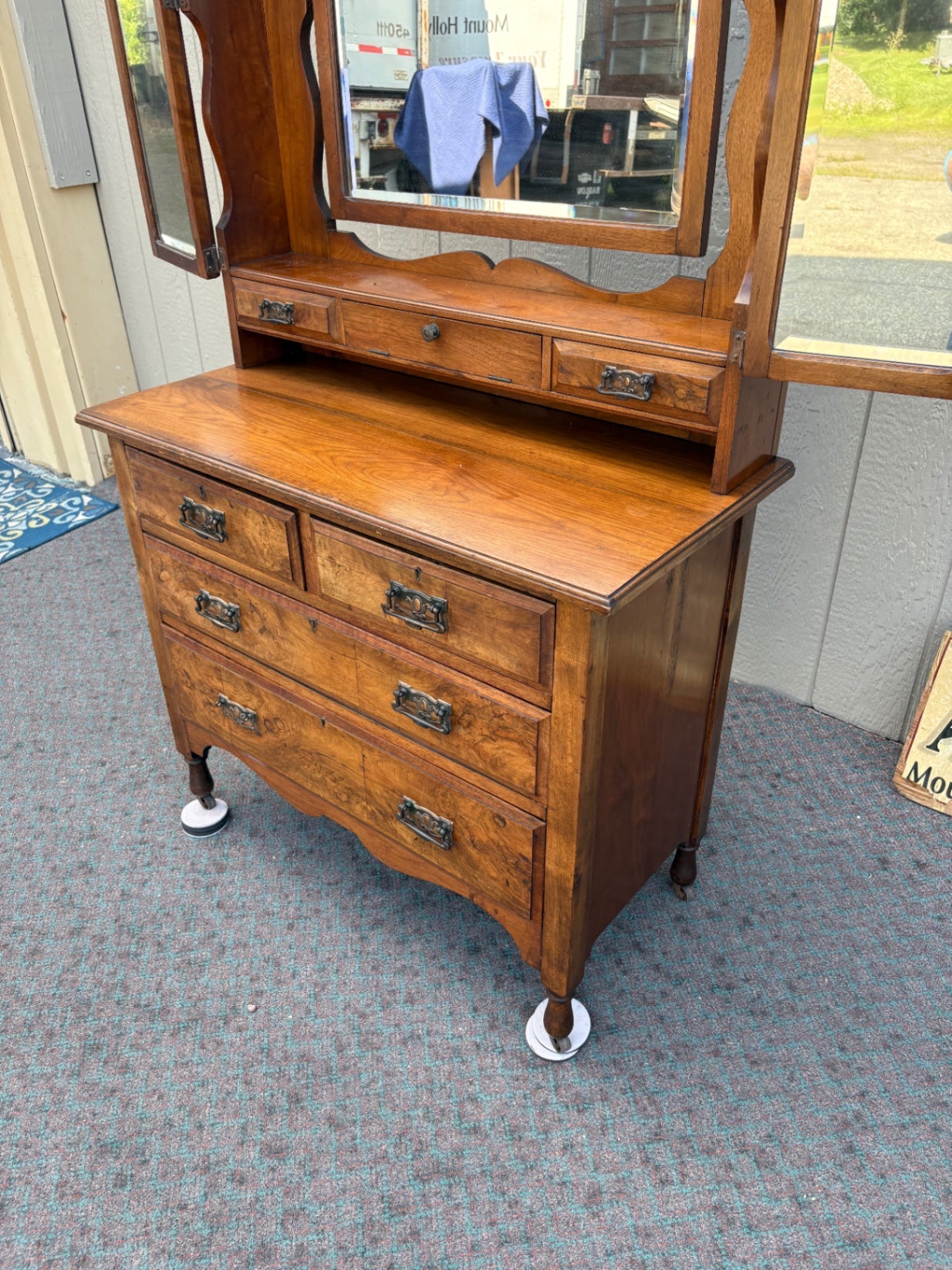 67938  Antique English Vanity Dresser with Triptych Mirror in Walnut