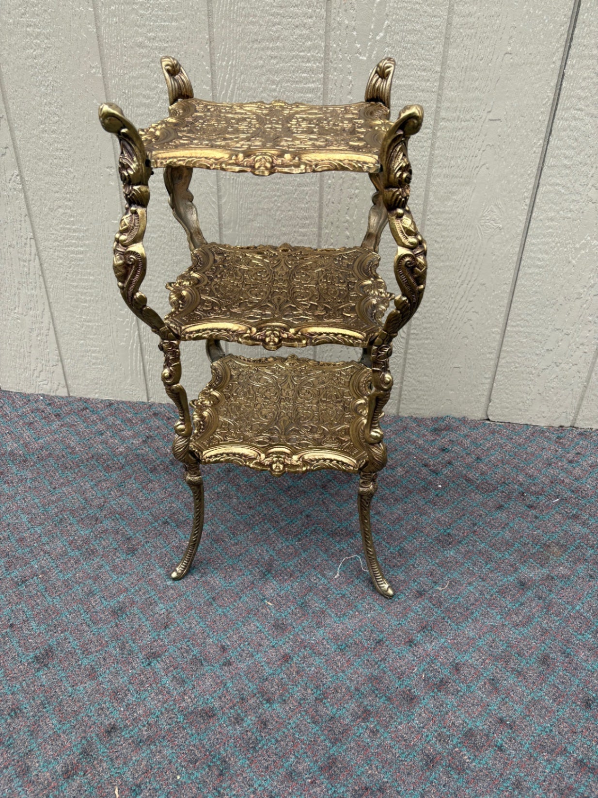Ornate Victorian Three-Tier Cast Iron Plant Stand with Gold Finish