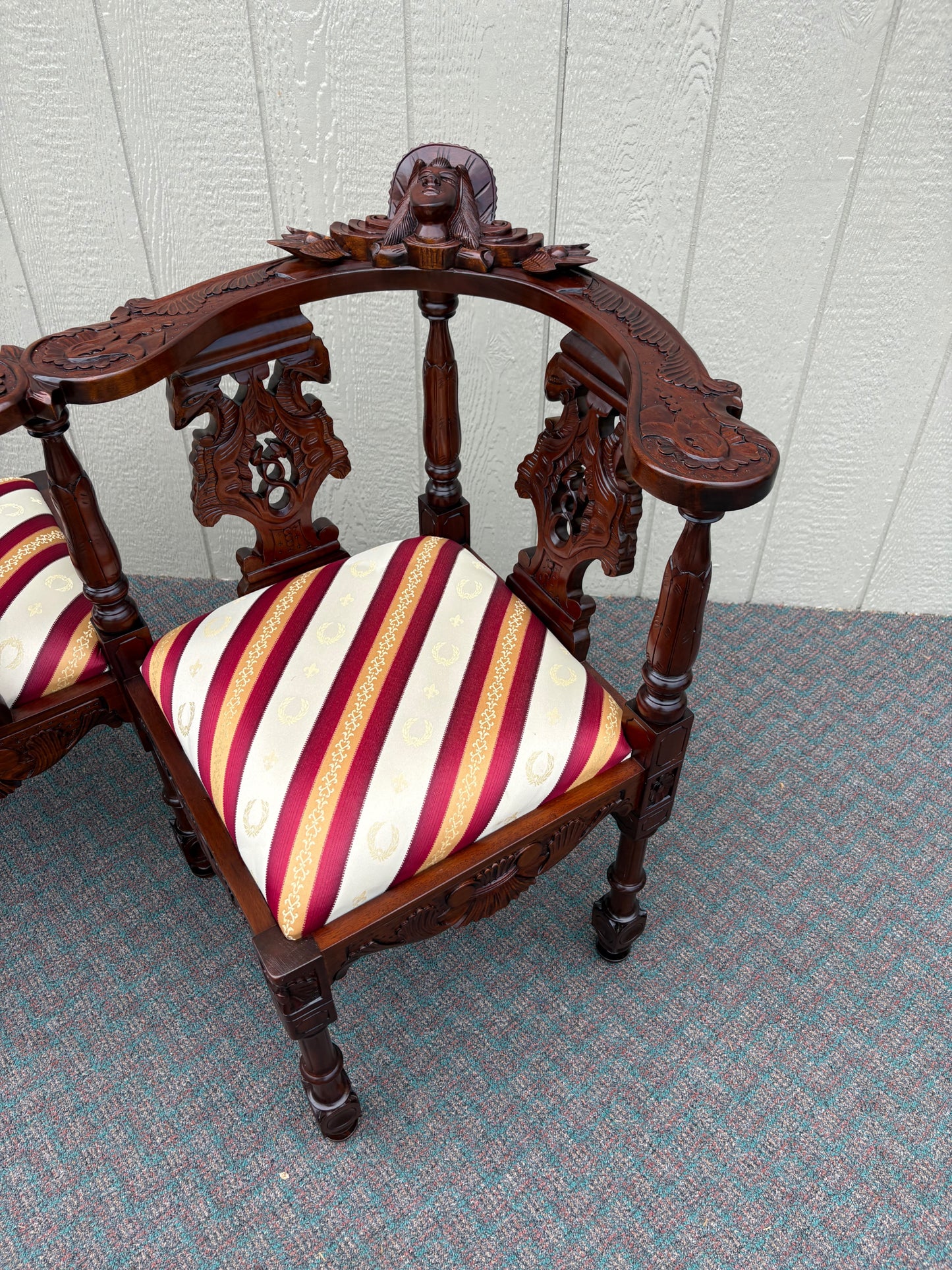 67730 Victorian Tête-à-Tête Loveseat, Carved Mahogany, Striped Upholstery