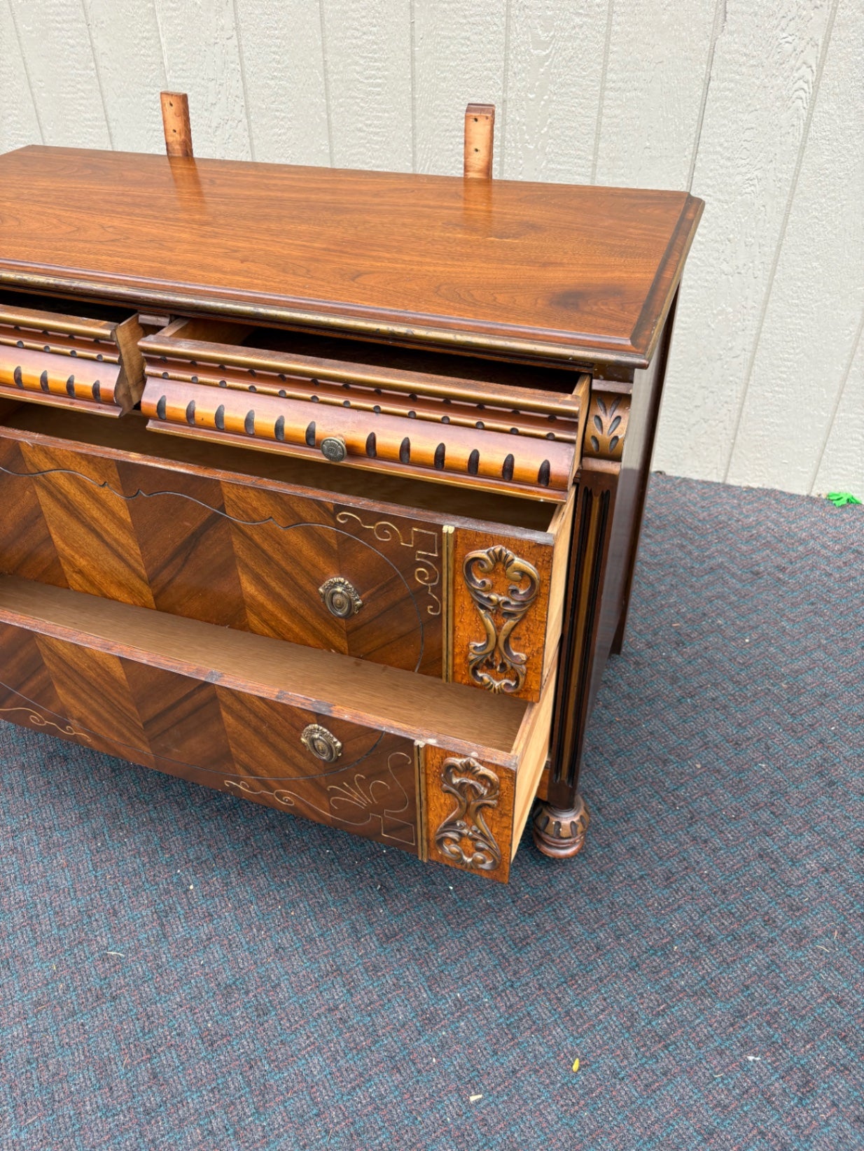 67897  Art Deco Dresser with Ornate Mirror and Intricate Carvings