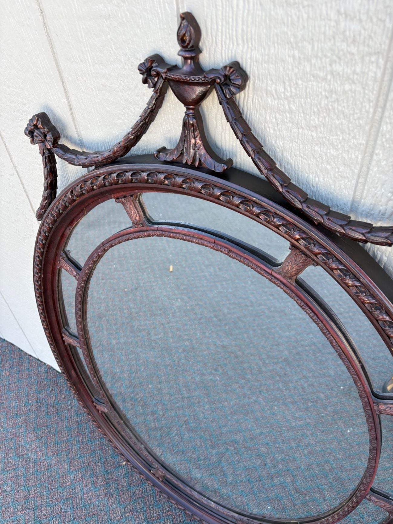66933  Large Oval Mahogany Wall Mirror with Carved Swag Detailing