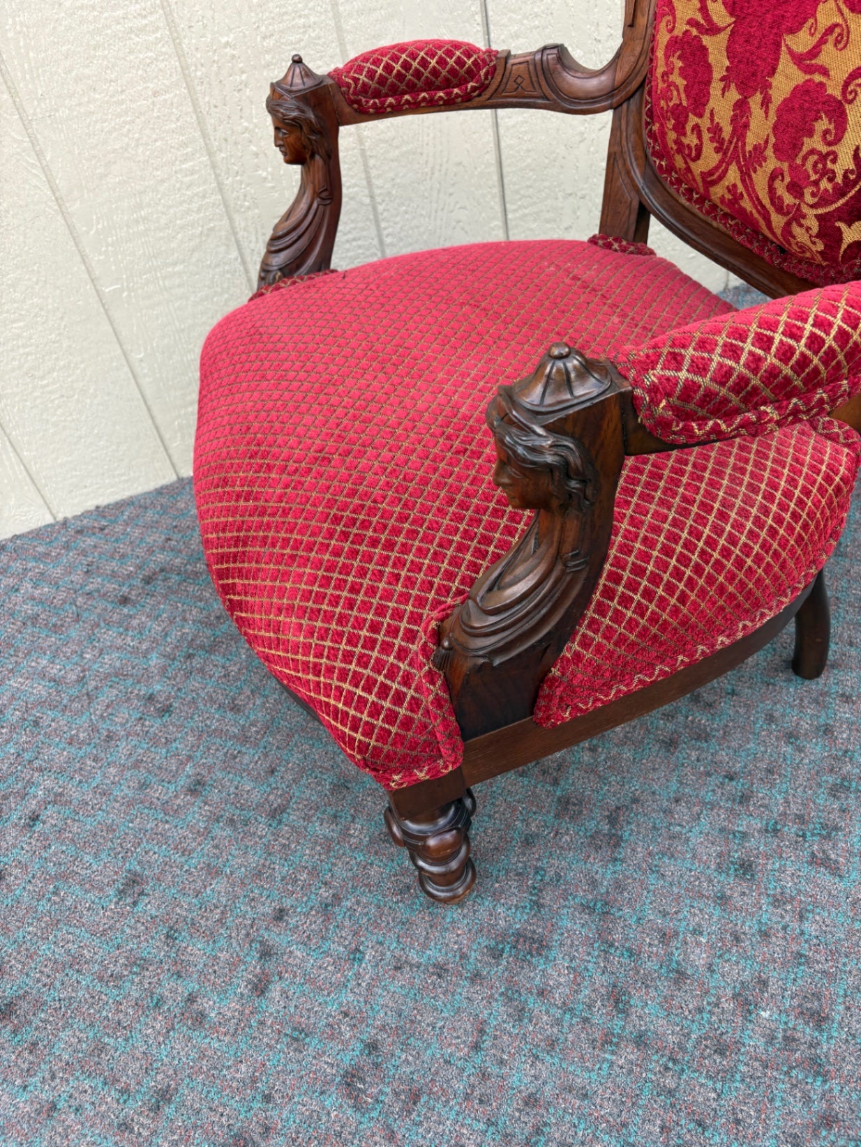 67682 Victorian Carved Walnut Armchair with Red Upholstery