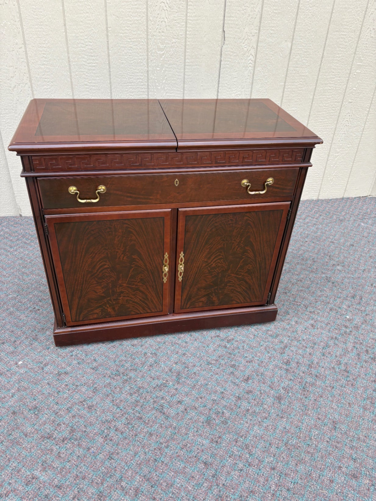 67768 Drexel Mid-Century Modern Mahogany Bar Cabinet with Greek Key Design