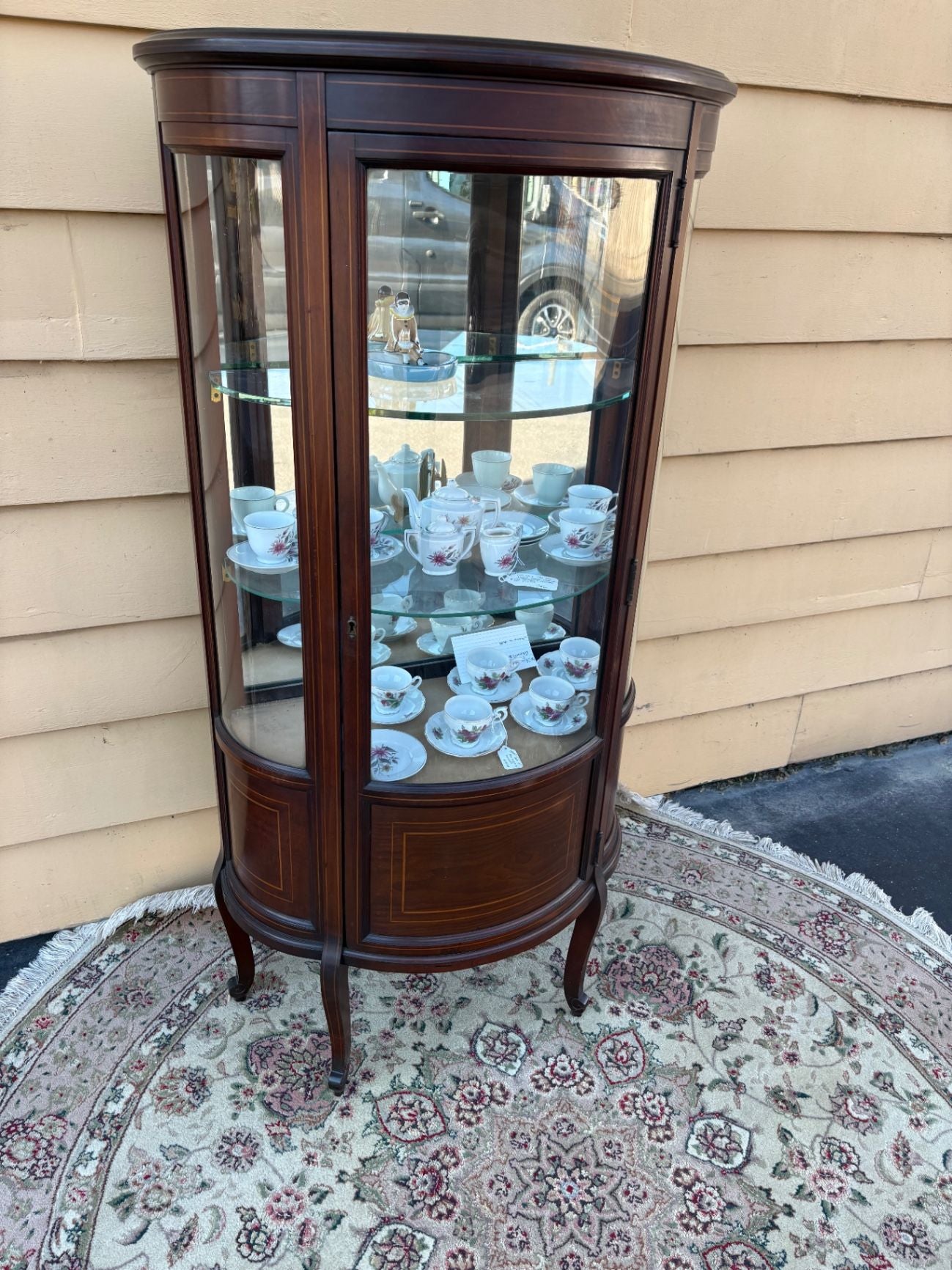 65301 Vintage Bow Front Curio Cabinet with Inlaid Mahogany Design