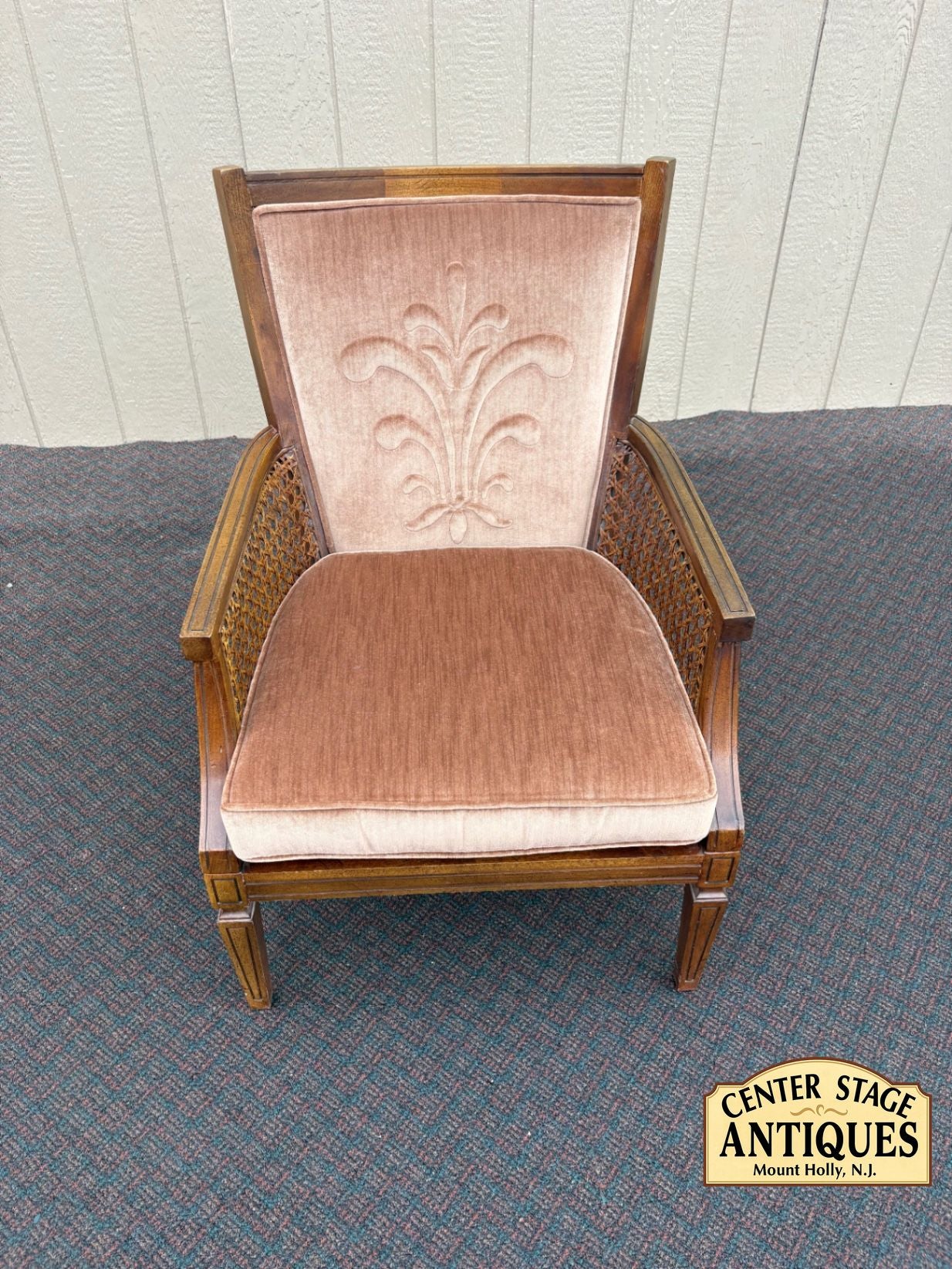 67510 Mid-Century Modern Cane Back Armchair with Velour Upholstery