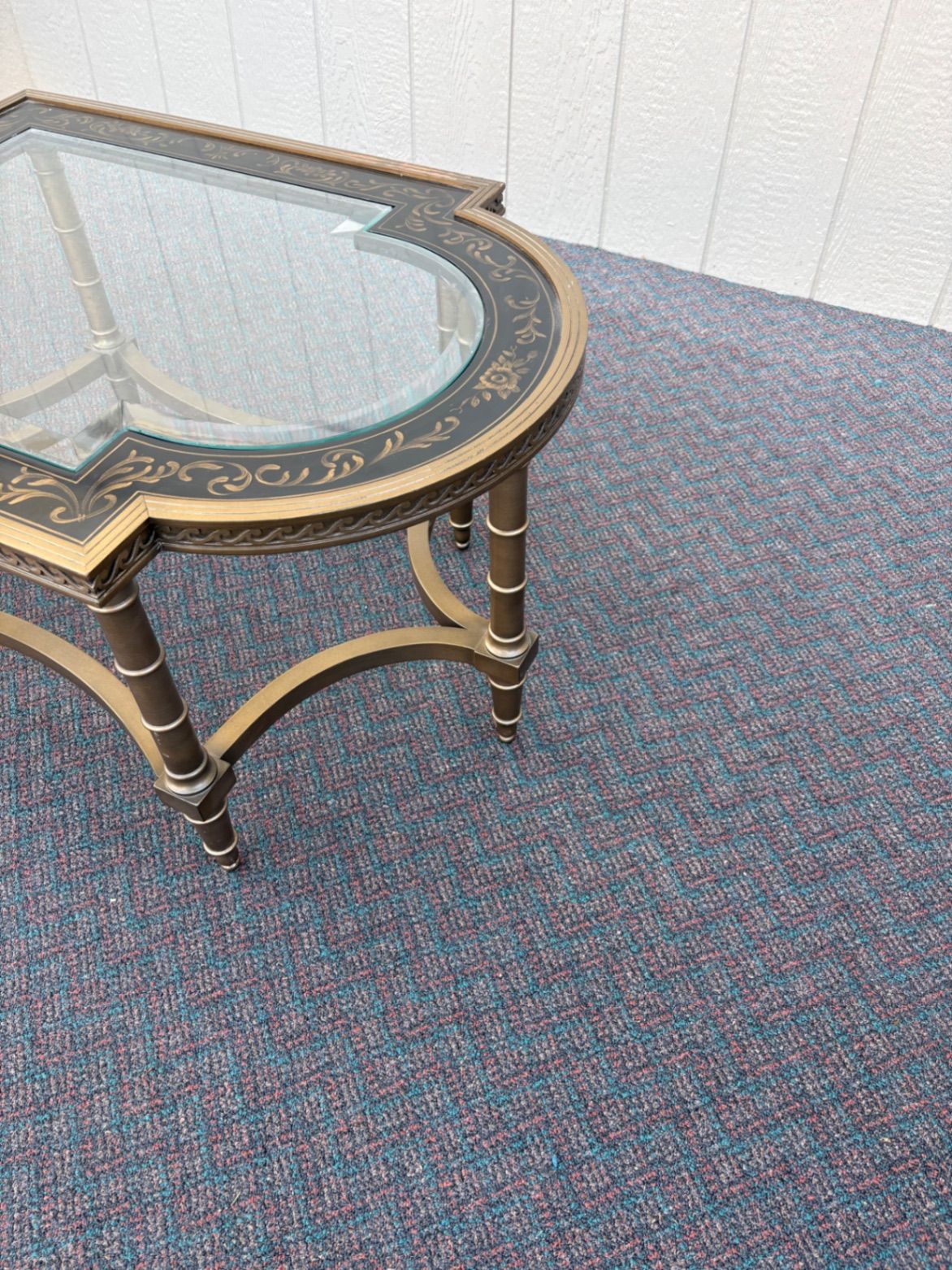 67498  Elegant Vintage Glass Top Coffee Table with Stenciled Design