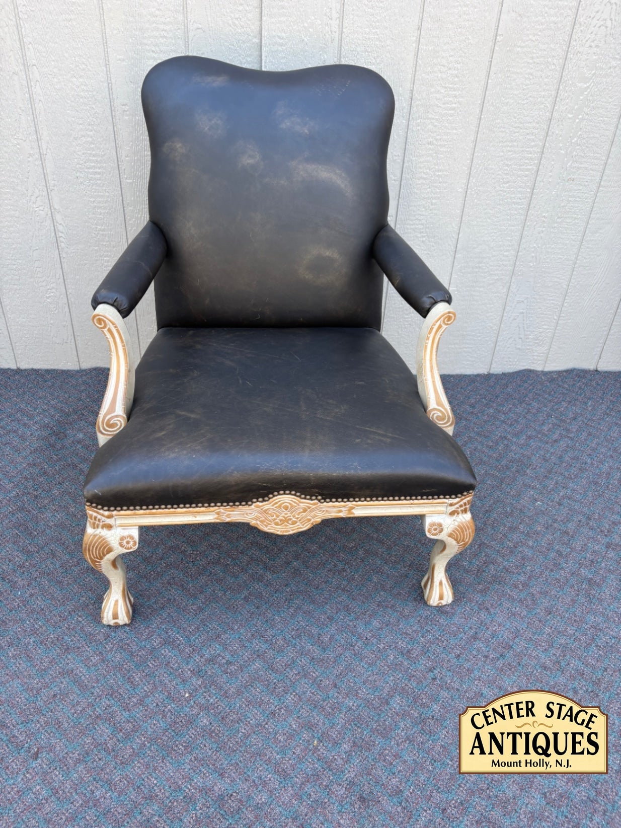 67854 Ornate Baroque Style Leather Armchair with Carved Wood Frame