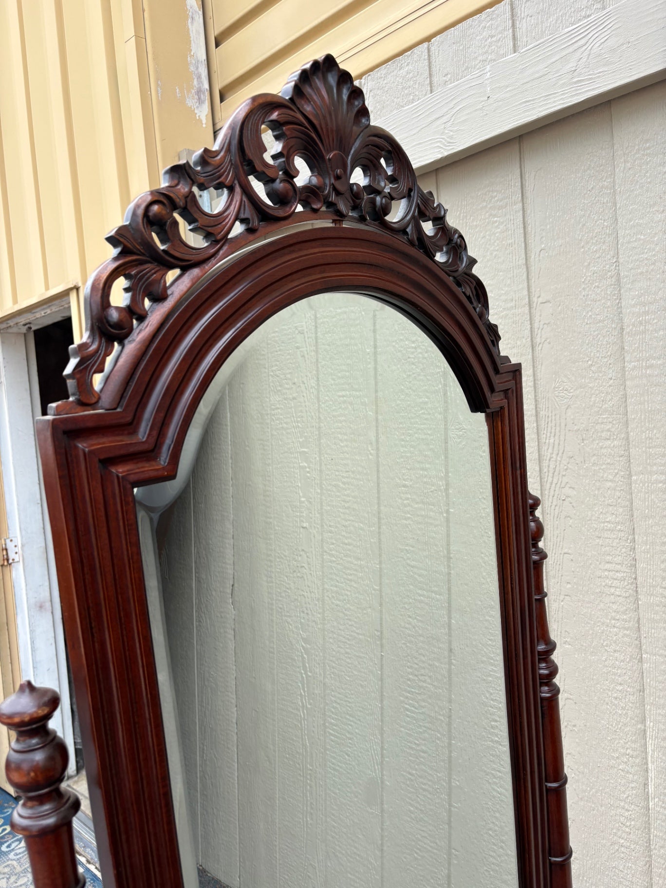 Antique Victorian Cheval Mirror with Carved Mahogany Frame
