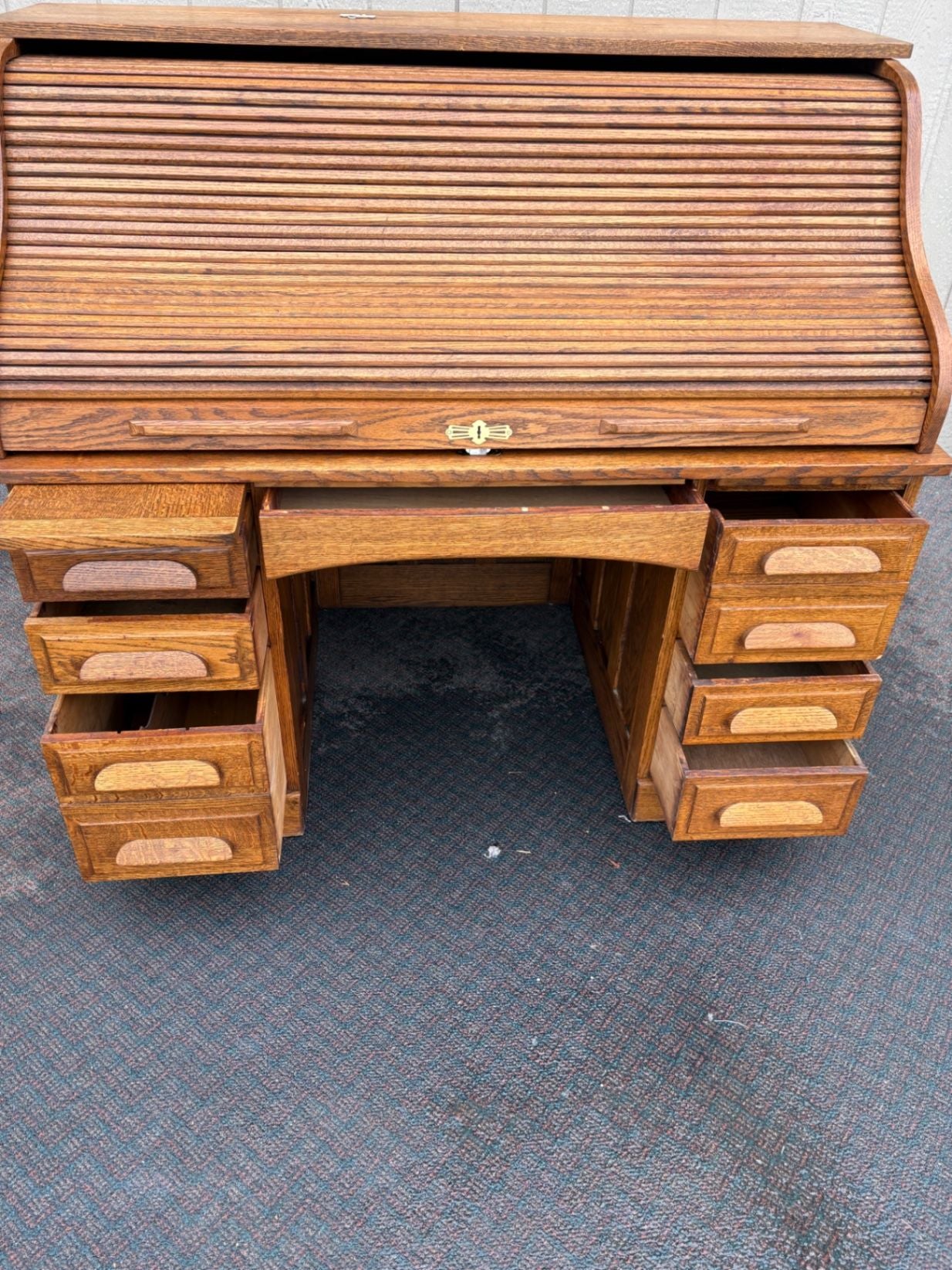 67465 Antique Oak Roll Top Desk, Early 1900s, Solid Oak