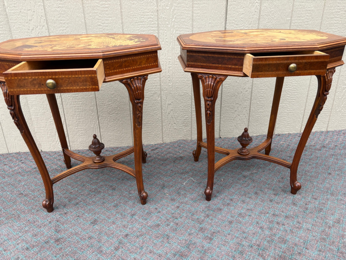 68062 Pair of Inlaid Octagonal Side Tables with Marquetry Scenes