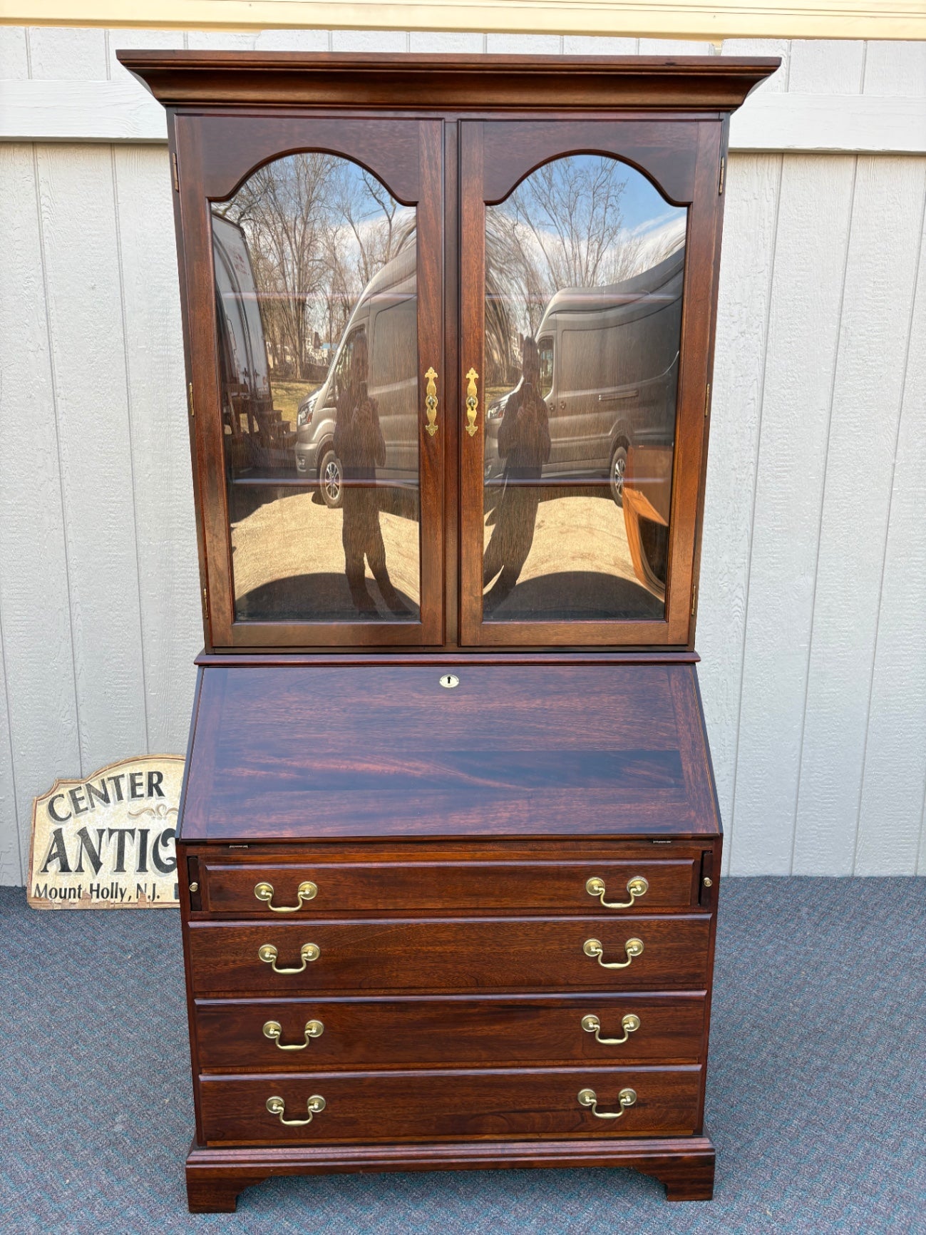 67847 Vintage Mahogany Secretary Desk with Glass Front Bookcase
