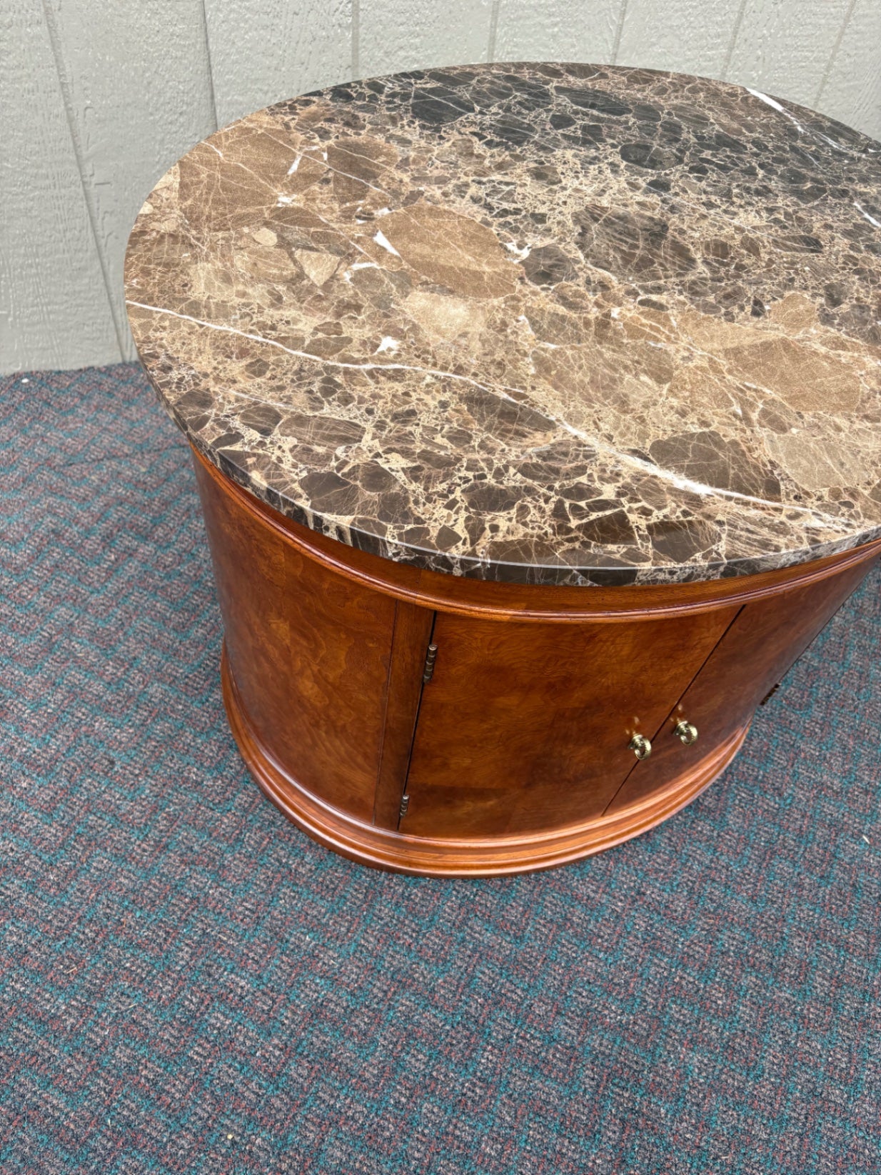 67824 Elegant Oval Marble Top Side Table with Storage Cabinet