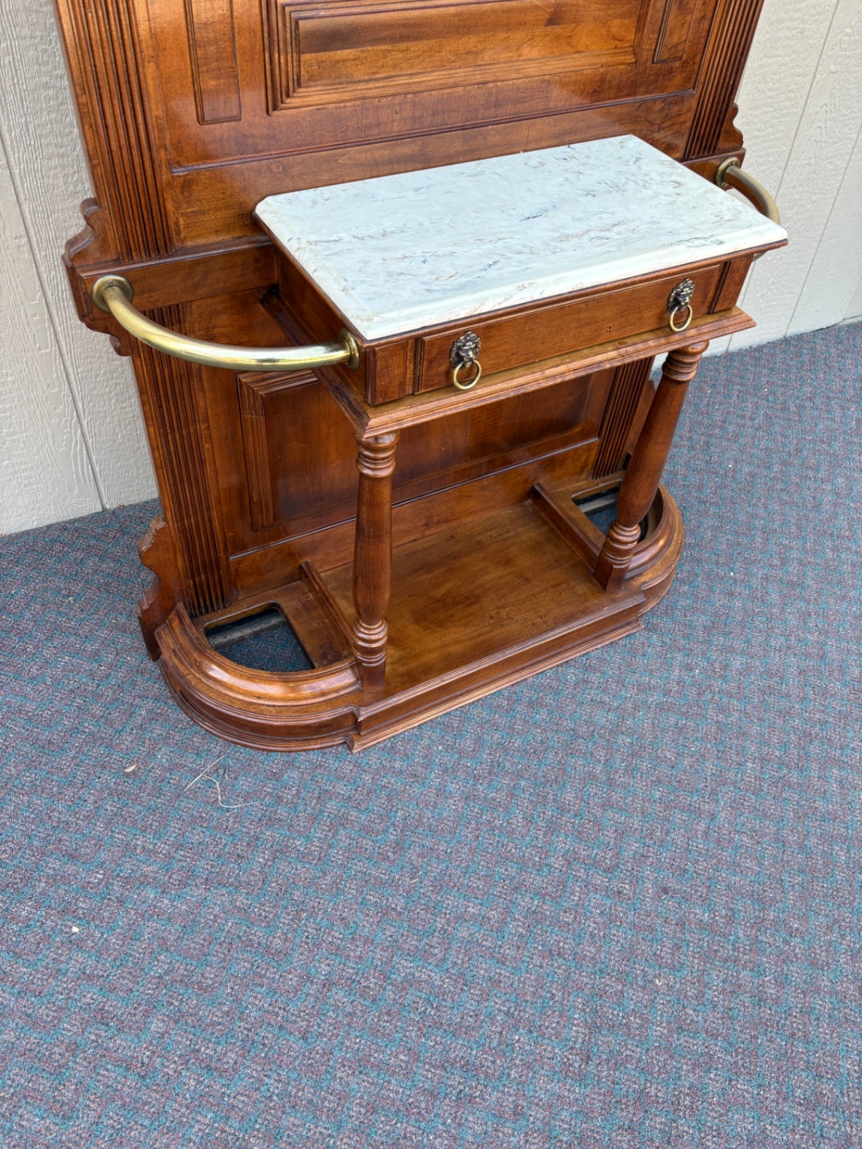 67756 Victorian Hall Tree with Mirror and Marble Shelf, Solid Walnut