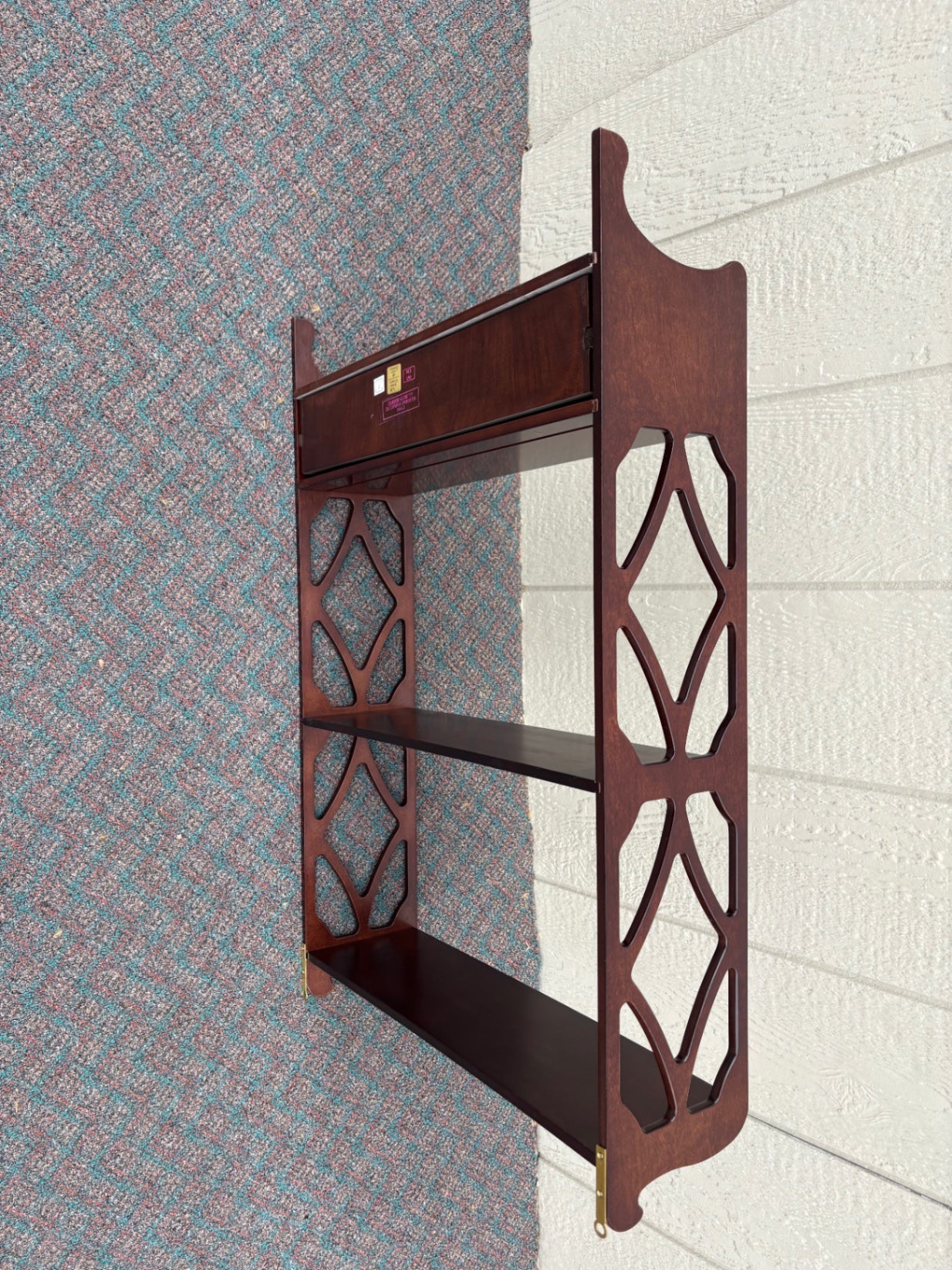 67719 Bombay Mahogany Wall Shelf with Drawer and Lattice Sides