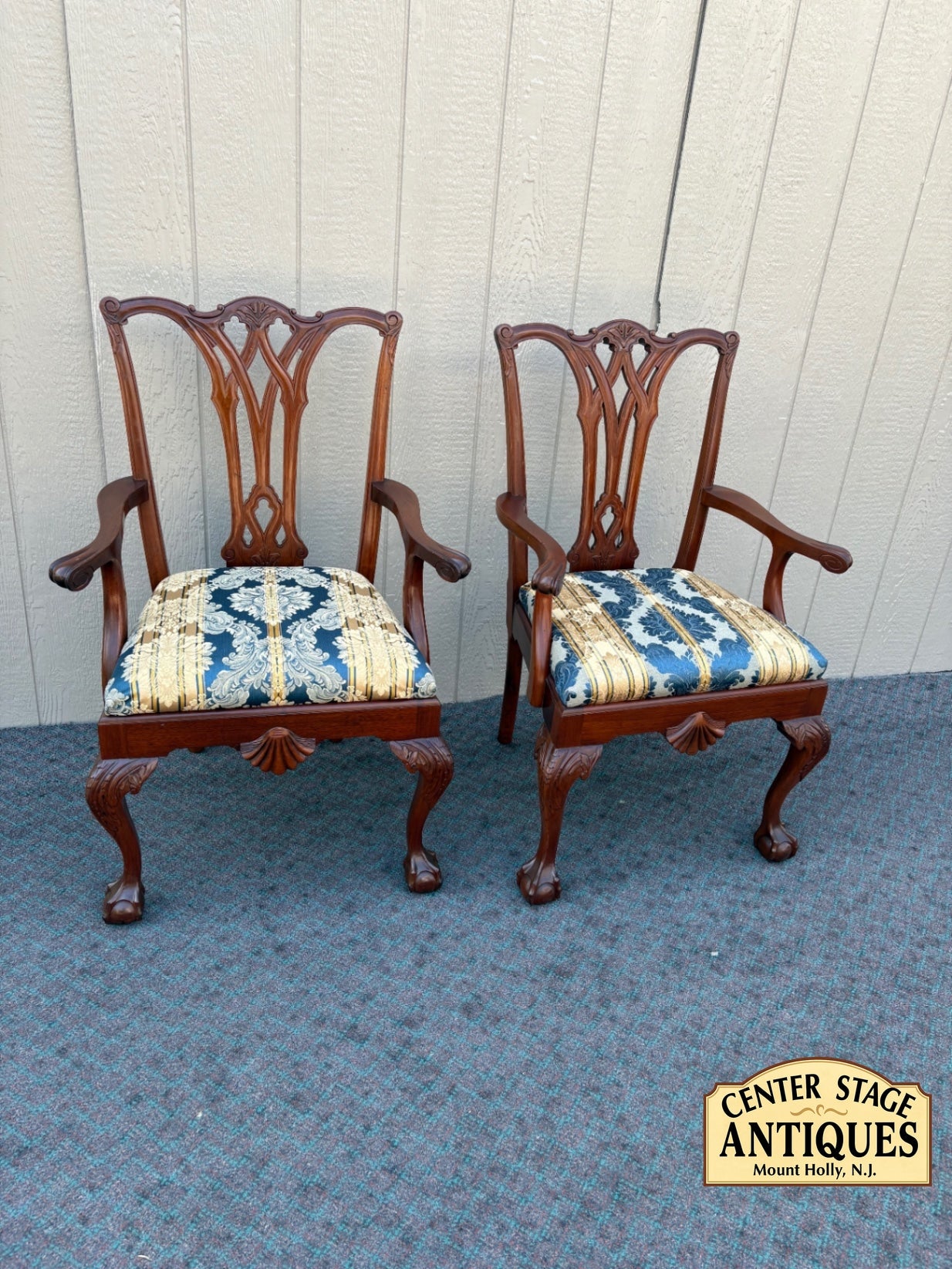 67965  Pair of Chippendale Style Mahogany Armchairs with Carved Details