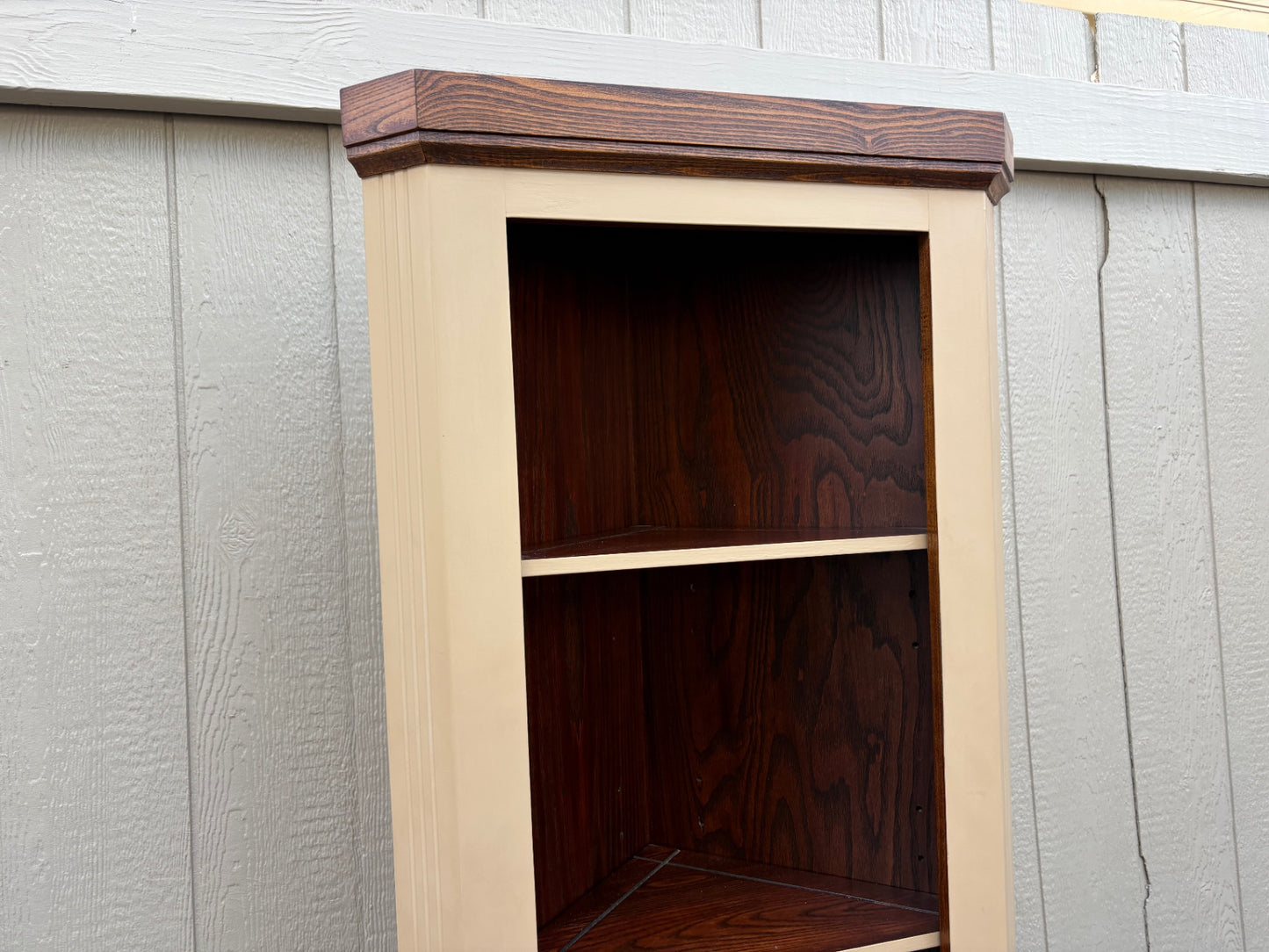 67870 Tall Rustic Corner Cabinet with Dual Tone Finish and Shelves