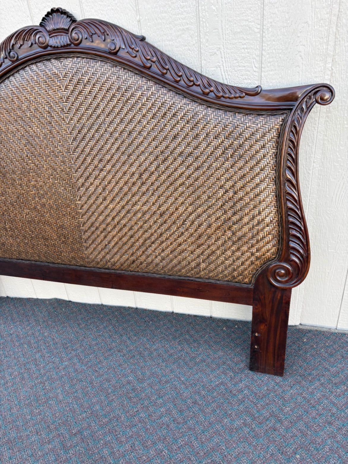 67810 Carved Queen Headboard with Woven Rattan Paneling