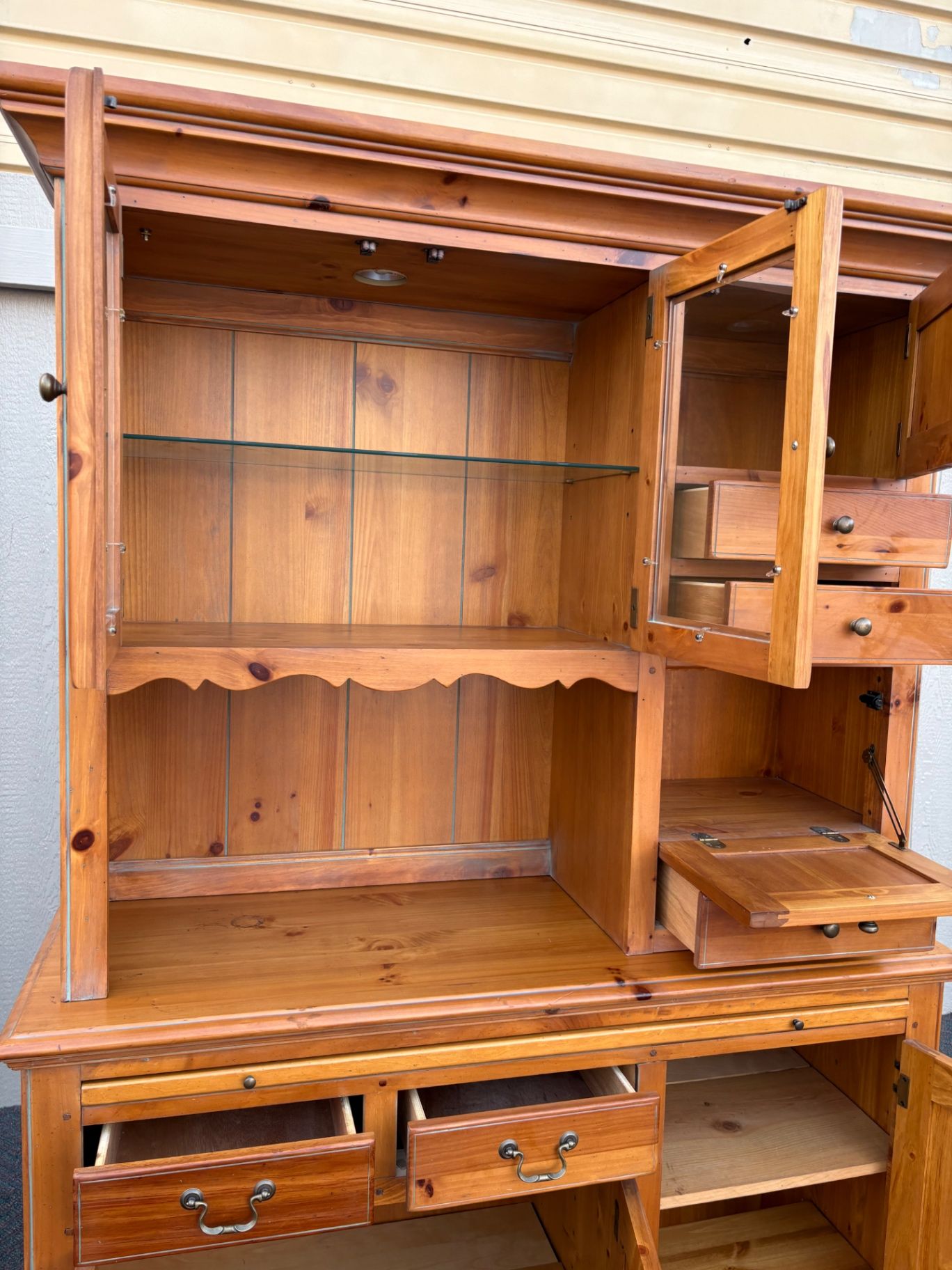 67501  Vintage Pine Two-Piece Cupboard Cabinet with Glass Doors