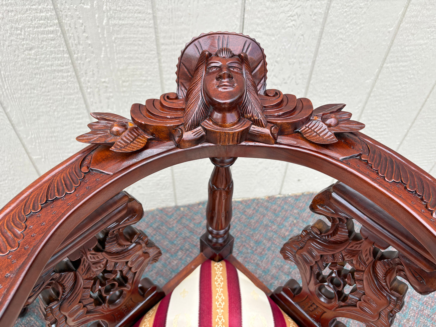 67730 Victorian Tête-à-Tête Loveseat, Carved Mahogany, Striped Upholstery
