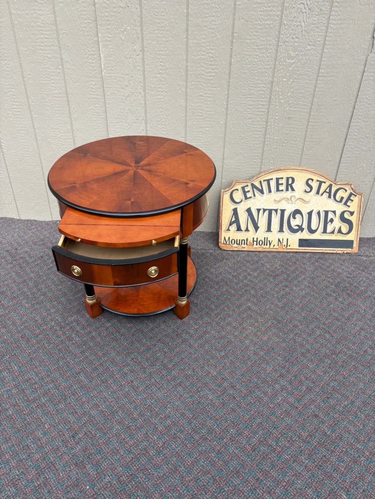 67823 Elegant Century Round Side Table with Cherry Veneer and Brass Accents