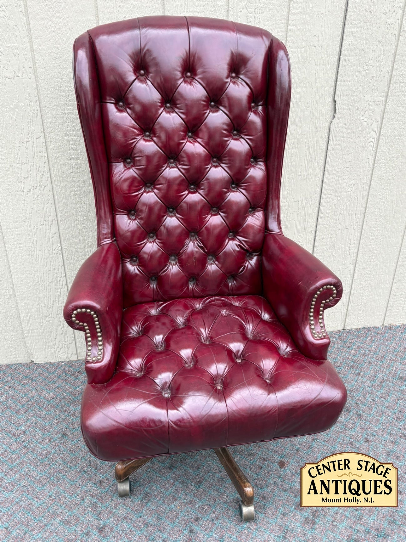 67868  Vintage Burgundy Leather Tufted Swivel Office Chair with Nailhead Trim