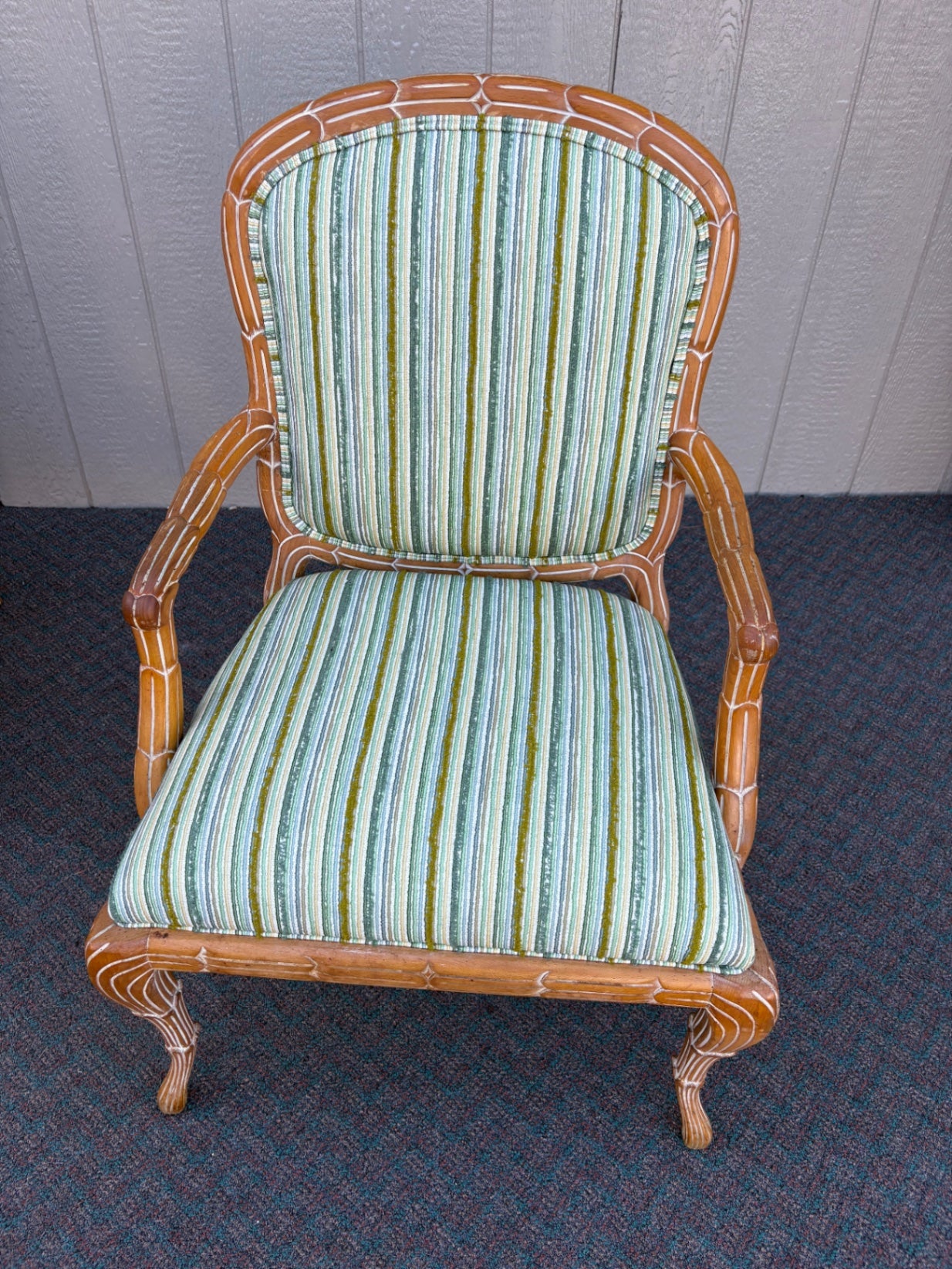 67613  Pair of Vintage Rattan Armchairs with Striped Upholstery