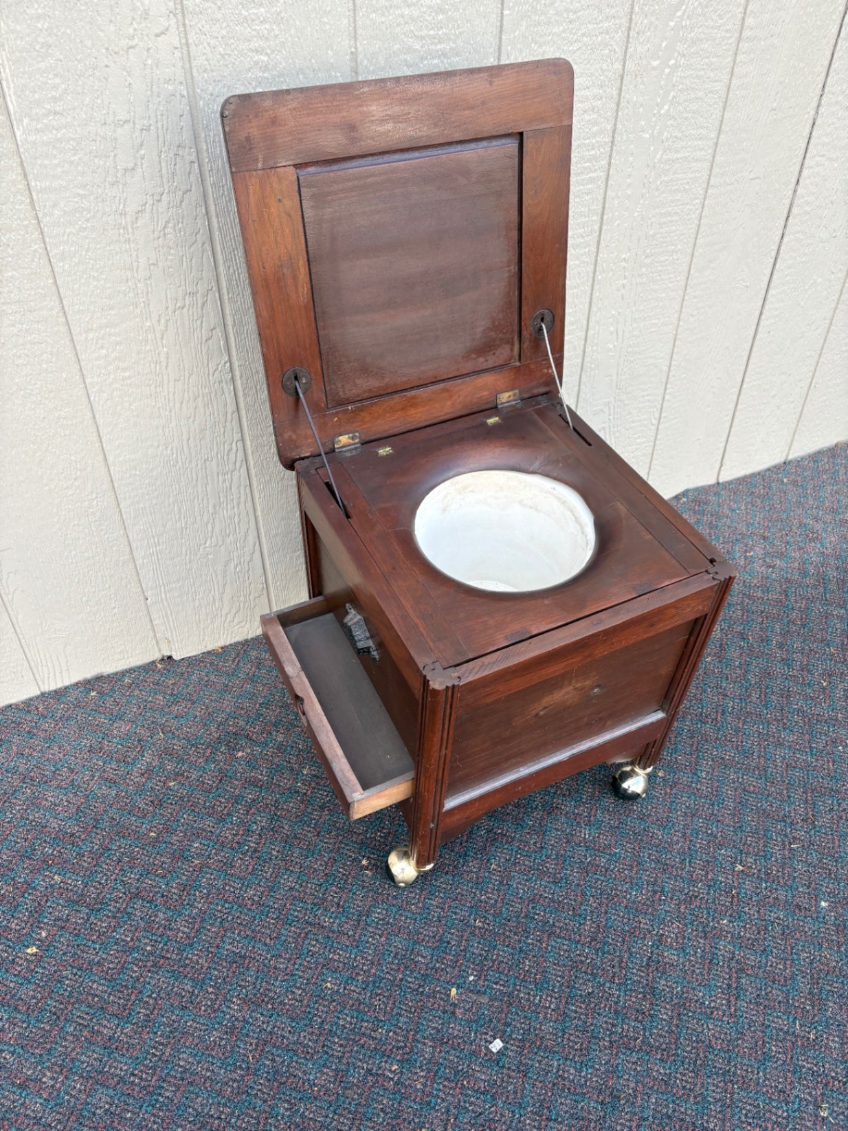 67726 Victorian Walnut Potty Chair with Porcelain Insert and Casters