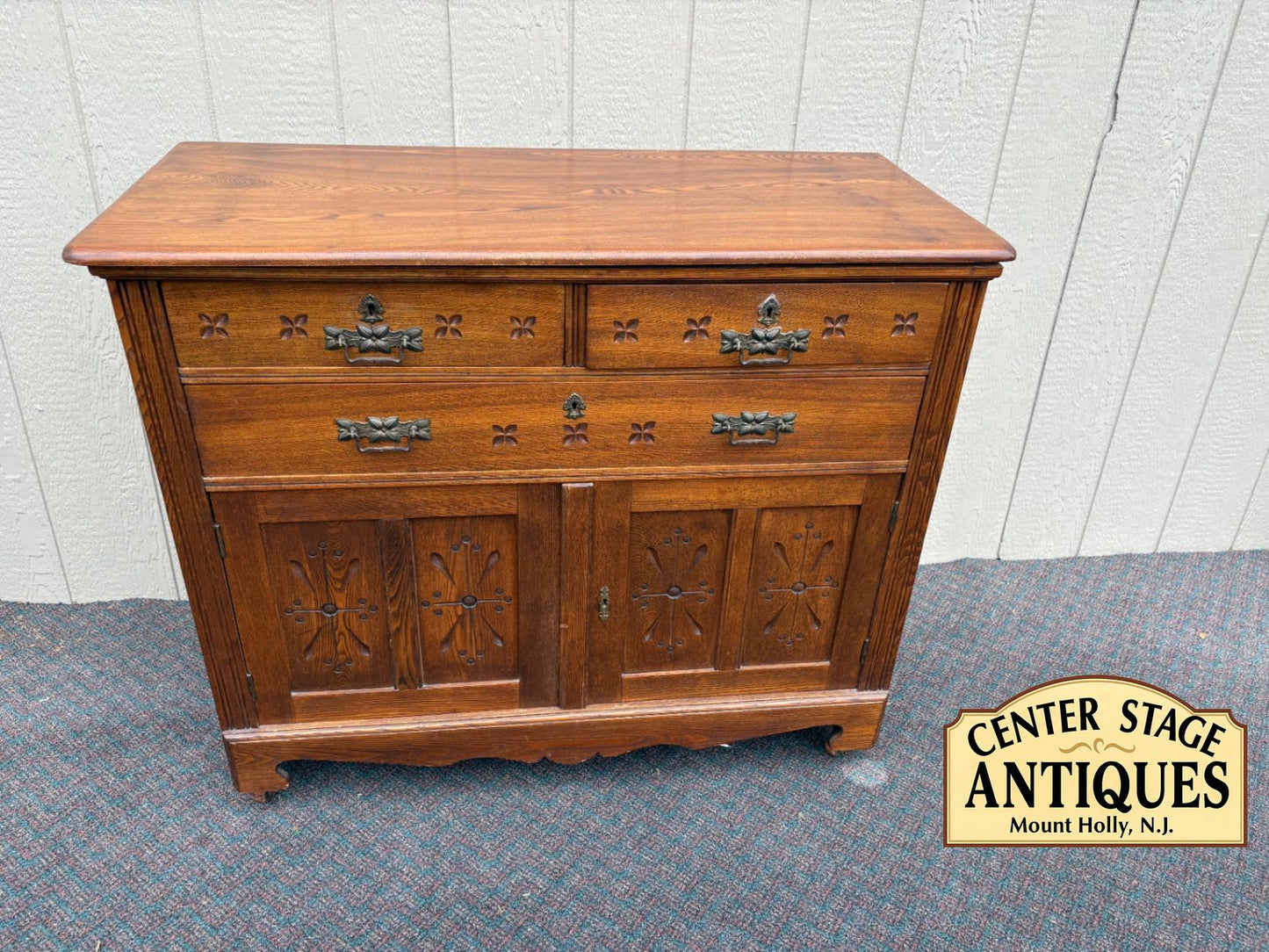 67625  Victorian Oak Buffet Server with Carved Details and Brass Hardware