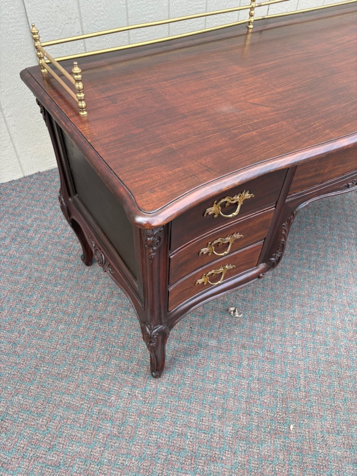 67605 Elegant French Louis XV Style Mahogany Writing Desk with Brass Rail