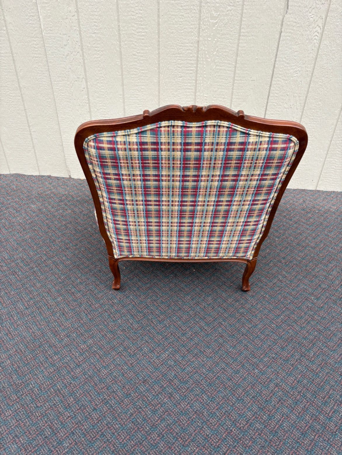 67548  Ethan Allen Louis XV Style Armchair with Plaid Upholstery