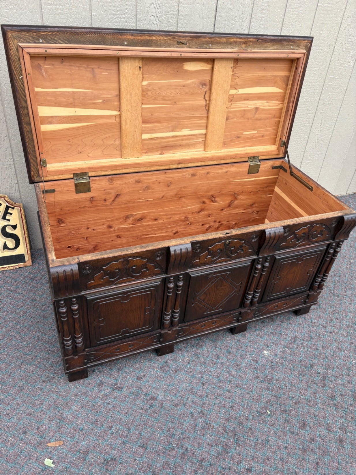 67754 Vintage Dark Oak Trunk with Carved Details and Panel Design