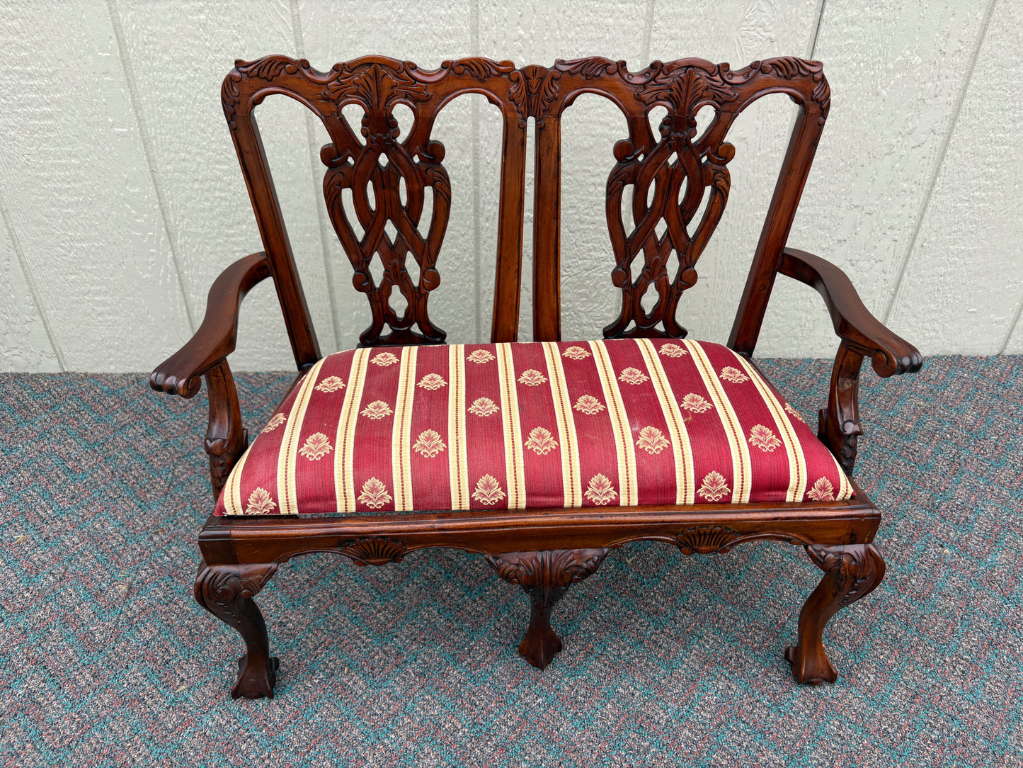 67699 Miniature Chippendale Loveseat with Carved Mahogany and Upholstery